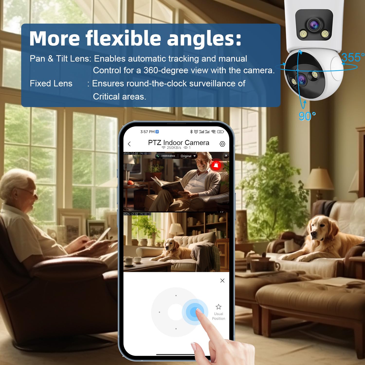 4MP Dual Lens Indoor Security Camera, 360° Pan/Tilt Baby & Pet Monitor, 2.4G/5G WiFi, Motion Tracking, 24/7 Cloud/SD, 2-Wege-Audio, Funktioniert mit Mobile App & PCs