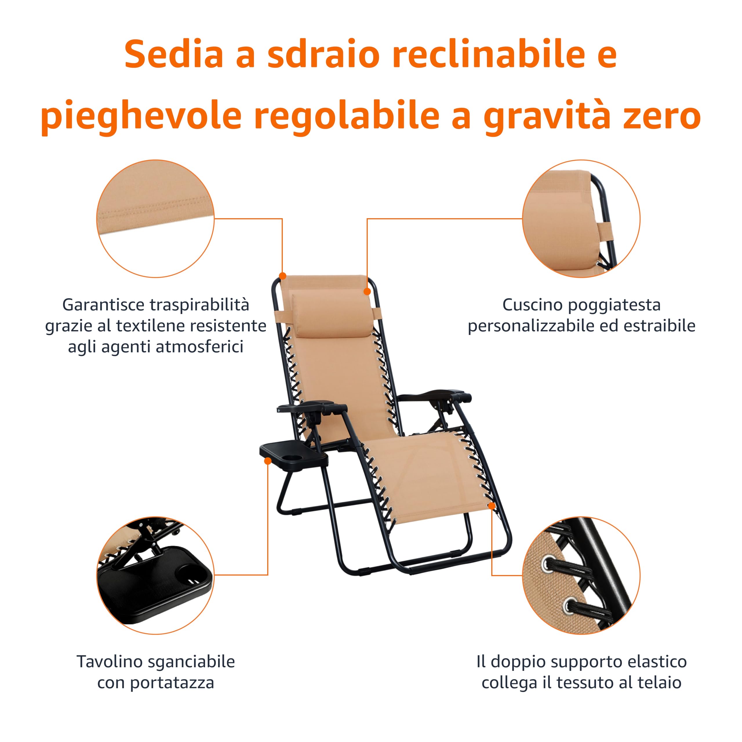 Sdraio Zero Gravity Pieghevole - Tessuto Texilene, Struttura Acciaio, Per Giardino E Piscina