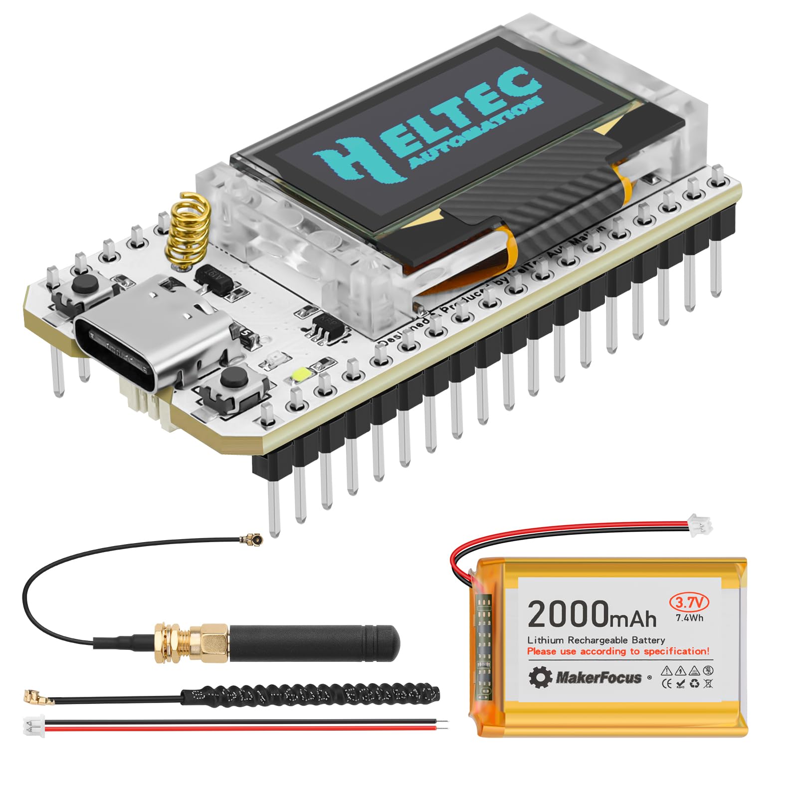 MakerFocus ESP32 LoRa V3 Development Board with 2000mAh Battery and 915MHz Antenna, Integrated WiFi Bluetooth SX1262 CP2102 0.96-inch OLED Display Type C for Meshtastic IoT Arduino Intelligent Scene
