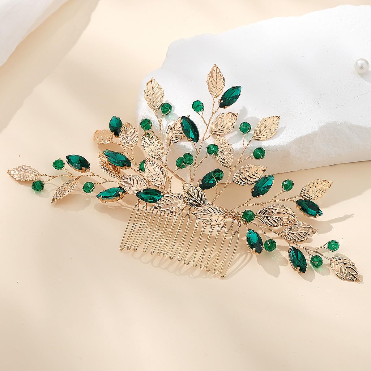 Amazon.com : Rumtock Green Crystal Gold Leaf Hair Comb for  display picture 1