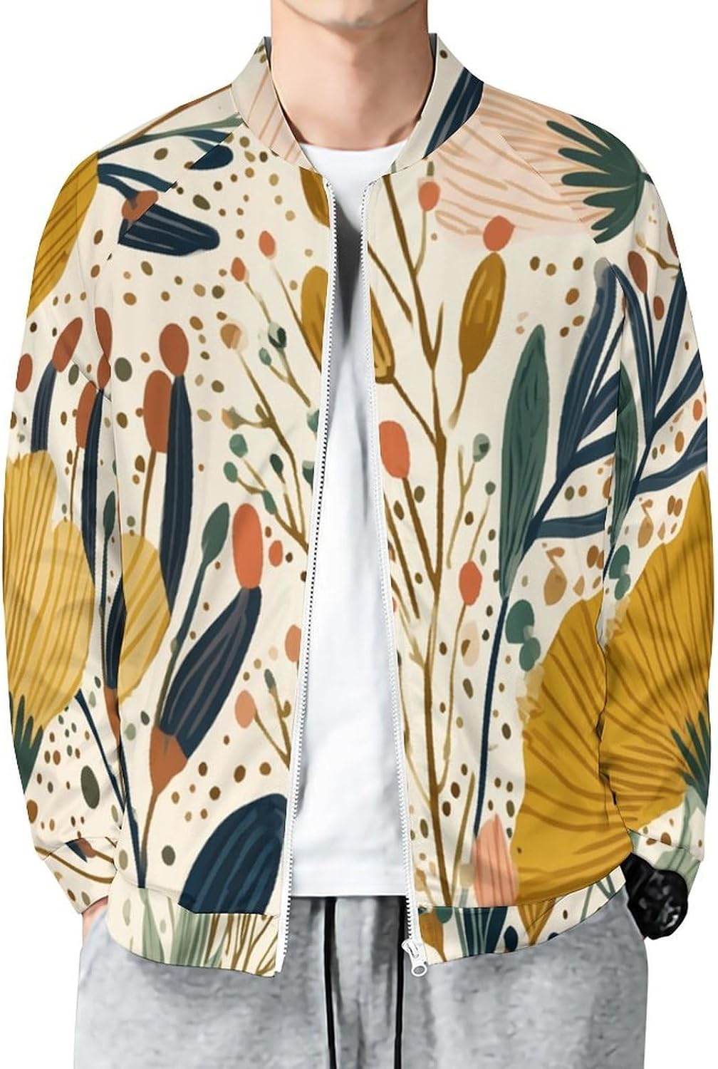 Men's Varsity Jacket Zipper Windbreaker, Polka Dot Floral Bomber Jackets, Lightweight Casual Long Sleeve Coats