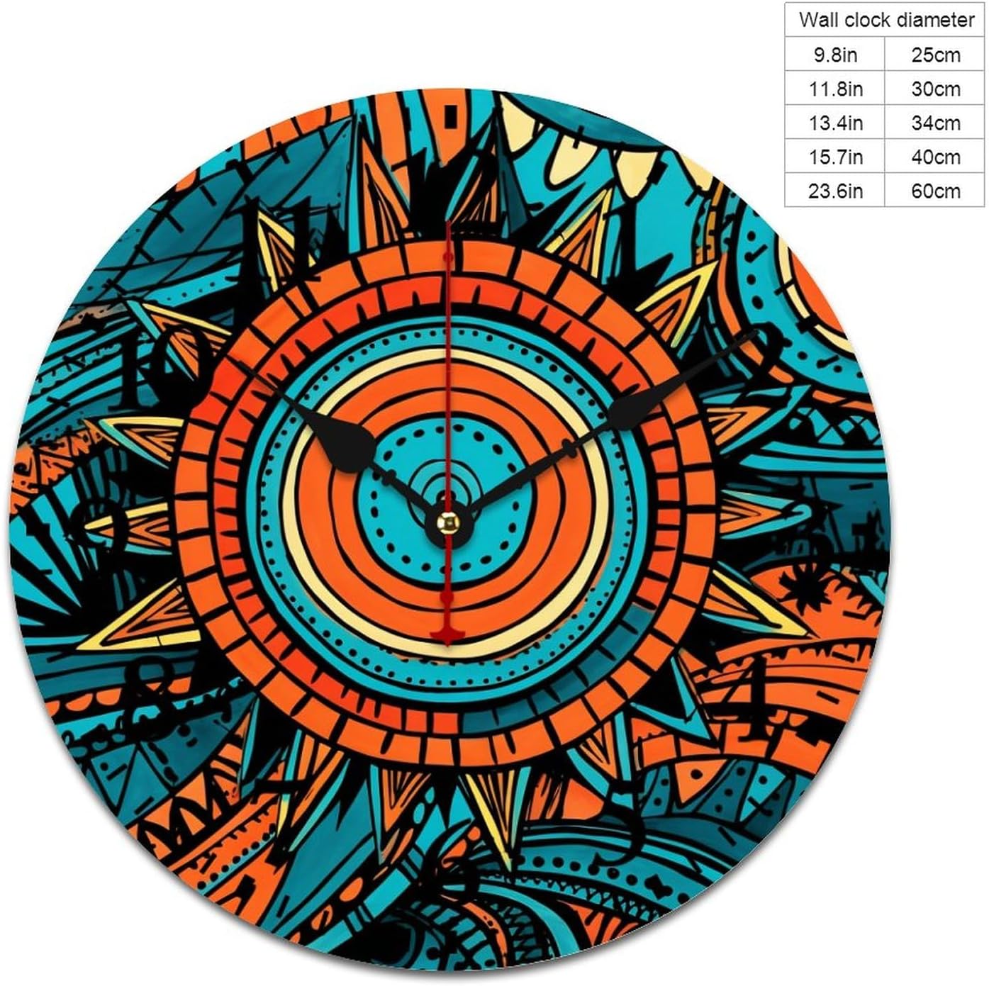 Bright Orange Turquoise Teal Blue Tribal Art Motif Clock Abstract Rust Art Painting Room Decorative Wall Clock Battery Operated Home Office School Arabic Numbers 12 Inch Round