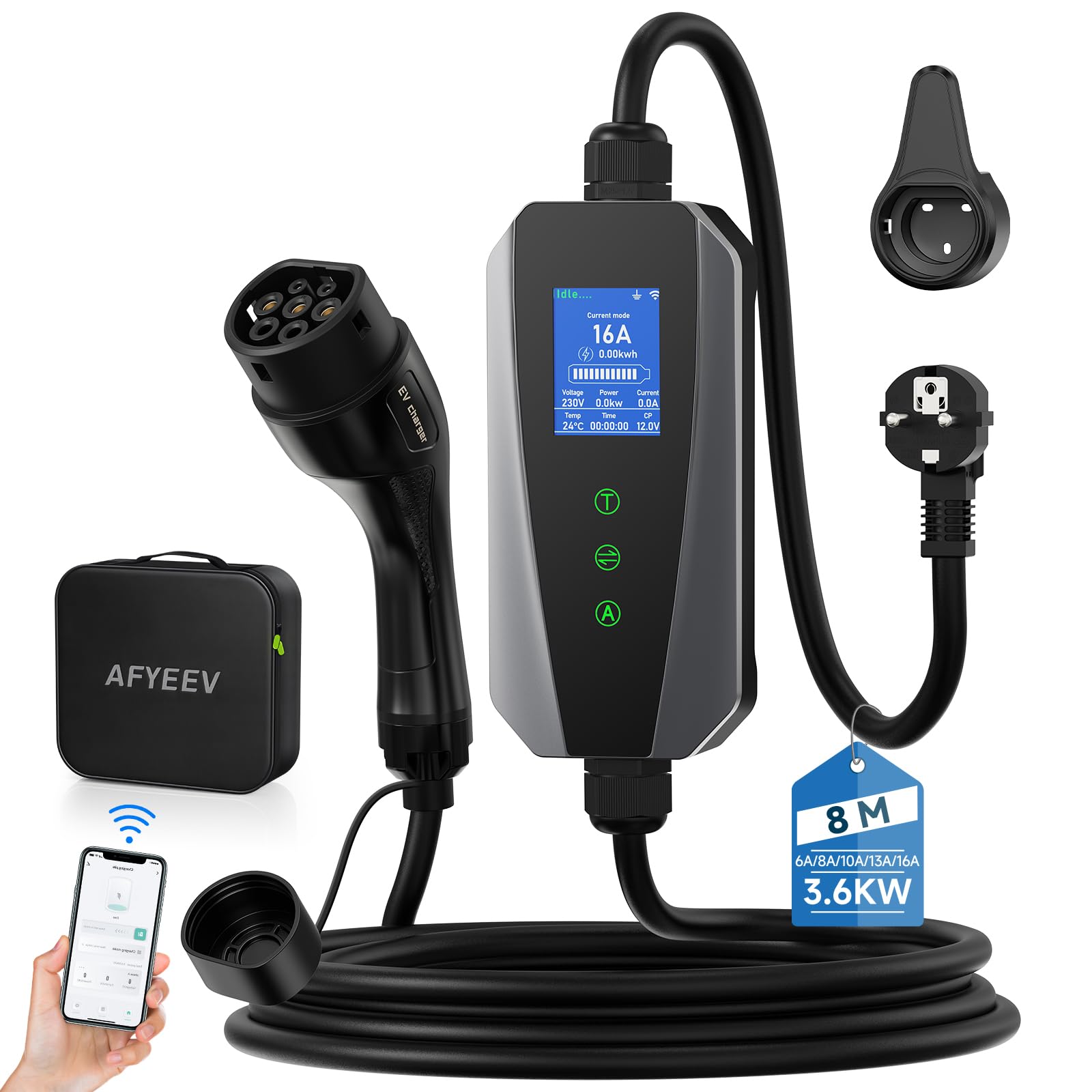 Cavo Ricarica Auto Elettrica Tipo 2 Schuko 3,7kW con App 8m 6-16A