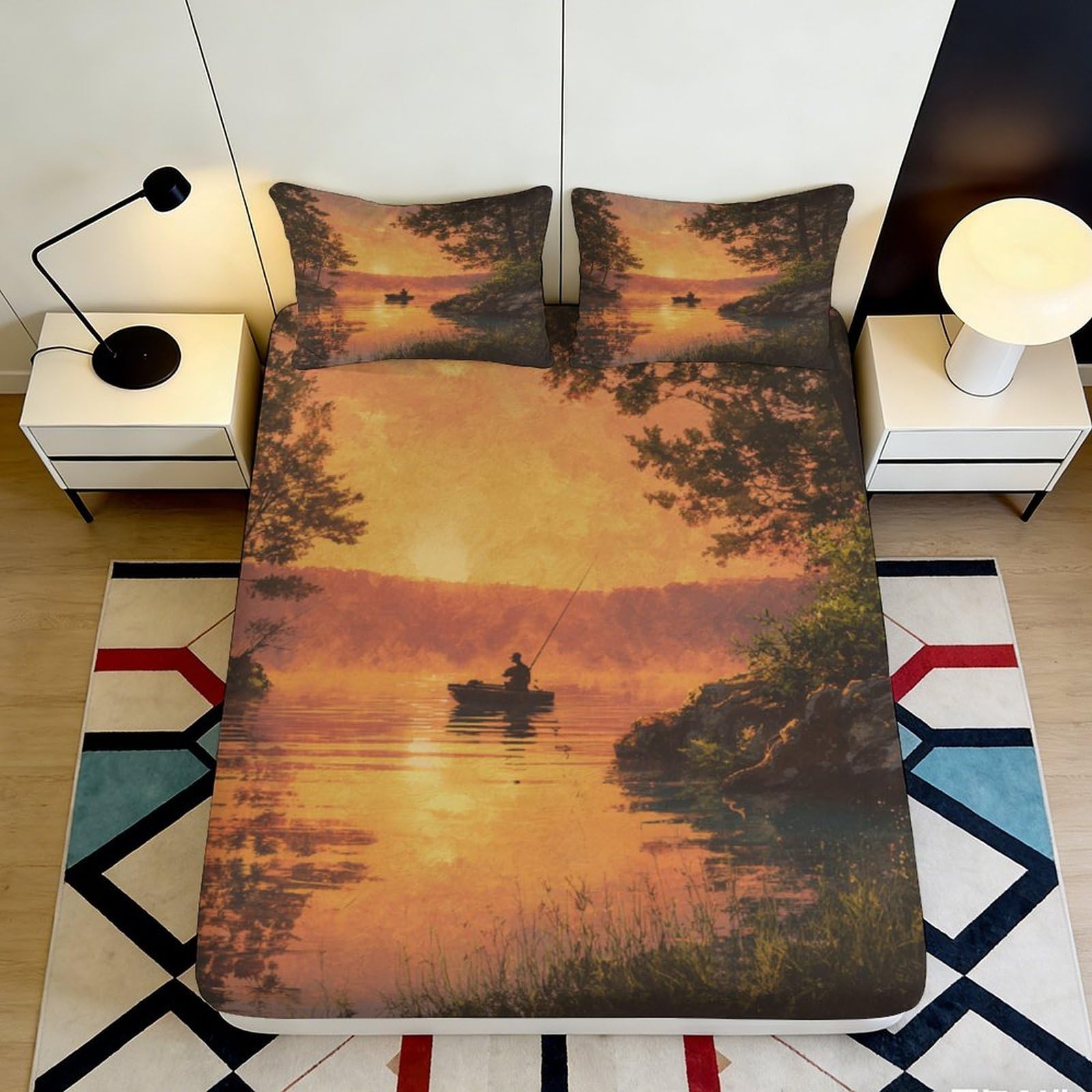 3D Printed Lake Sunset Fitted Sheet Microfiber Deep Pocket Non-Slip Bedding Lake View Mattress Fitted Cover for Bedroom Adults 180x200x25cm