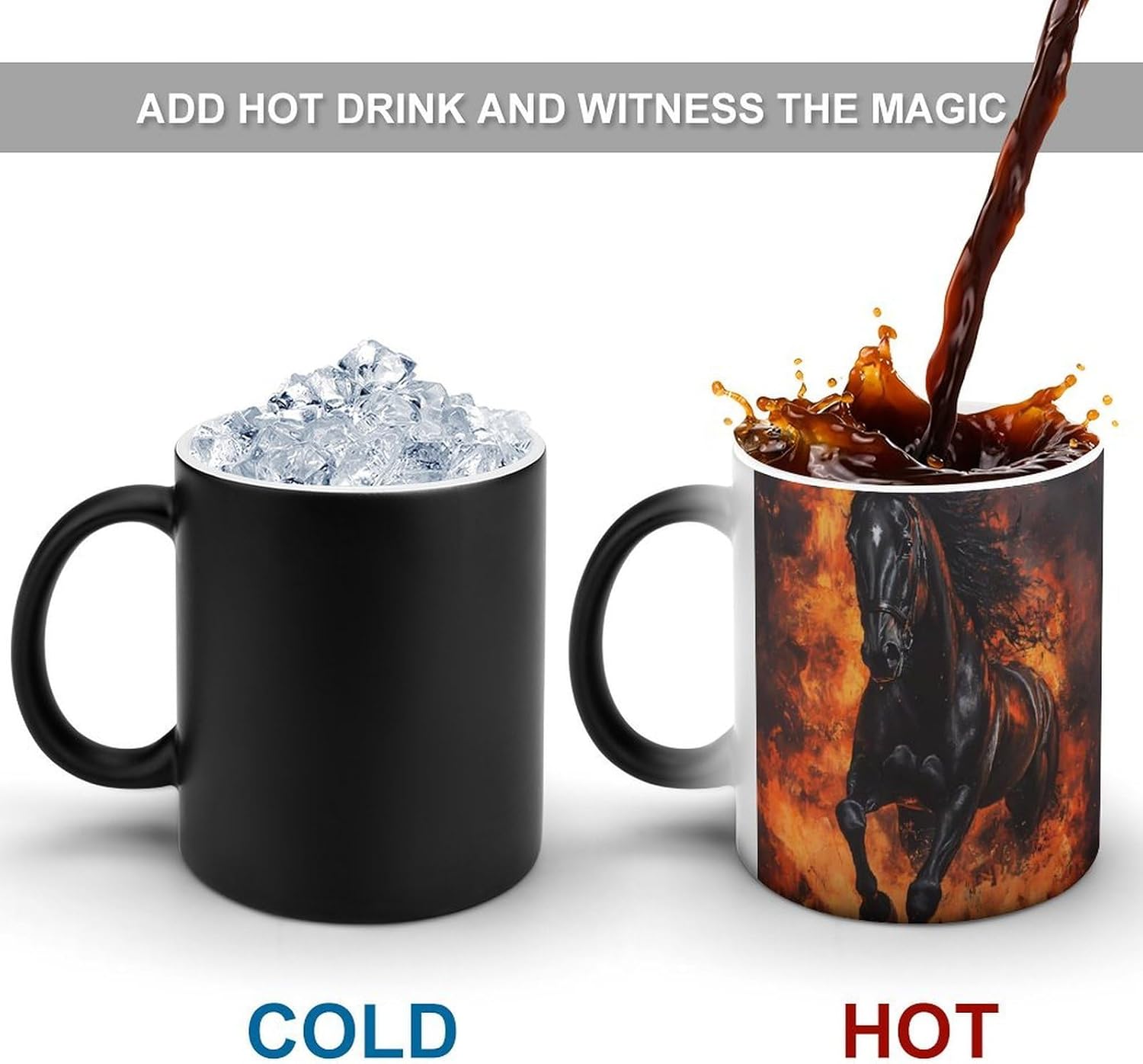 Black Horse Galloping through Flames Color Changing Mug Heated Ceramic Cup Heat Sensitive Coffee Mug Fun Gift