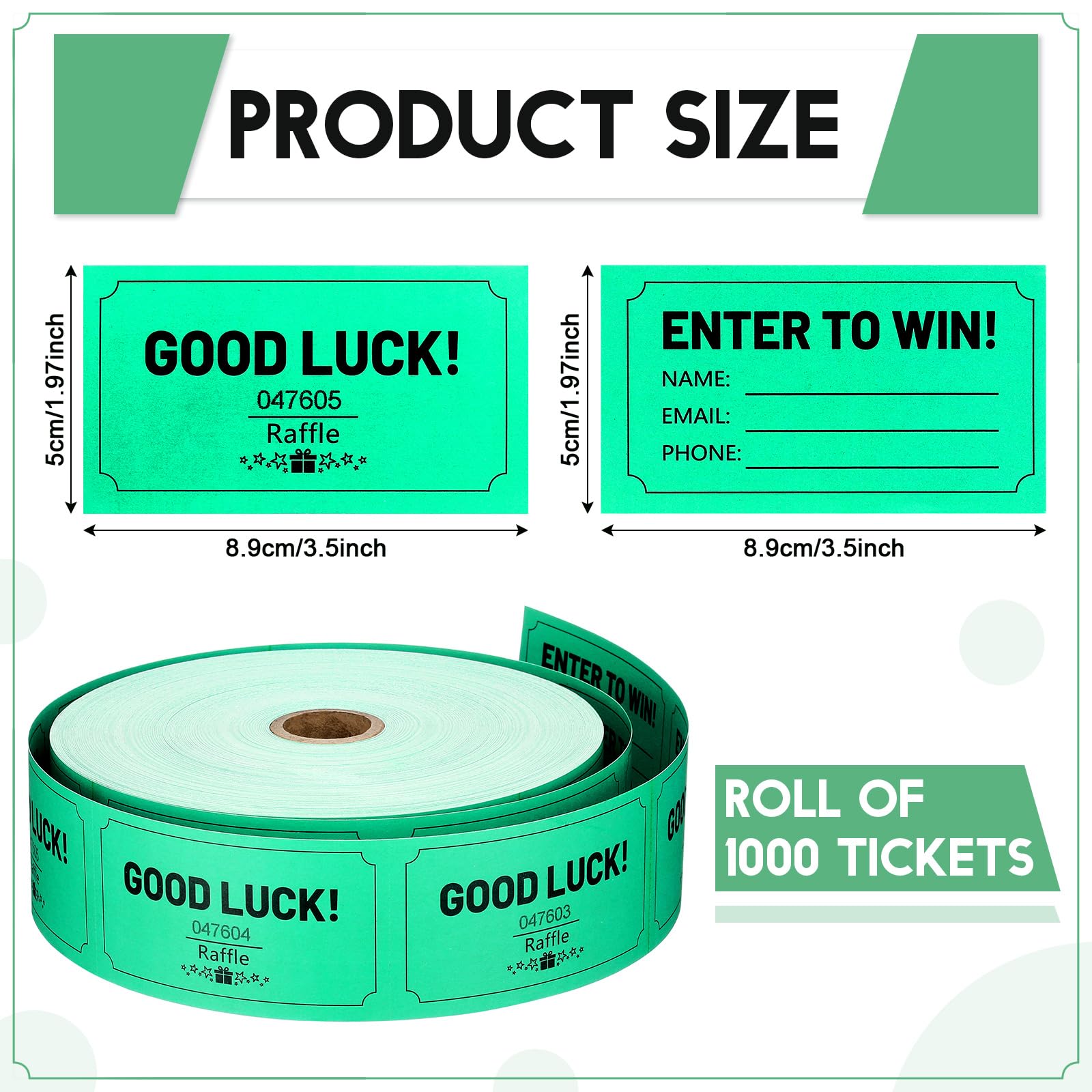 Clabby 1000 Pcs Large Raffle Tickets Rolls Green Raffle Cards Blank Entry Form with Name Phone Email for Events Fundraiser Prizes Printable for Classroom Entry Class Reward Door Prize - Image 2