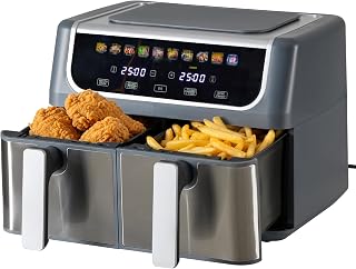 HealSmart 9.5Qt Dual Zone Air Fryer, 1700W 10-in-1 Multifunctional Air Fryer Oven, Independent Temp Control, Sync Cooking & Shake Reminder, Non-Stick Basket Ideal for Family Use, Grey