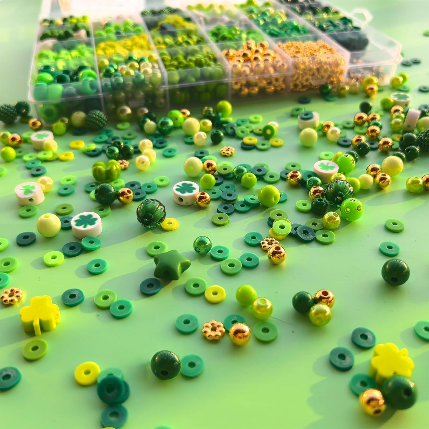 2100Pcs St. Patrick's Day Beads for Bracelets Jewelry Making, Green Assorted Bracelet Making Kit Shamrock Clover Clay Bead Pearl Beads Acrylic Round Spacer Bead Bulk for Earrings DIY Craft - Image 4