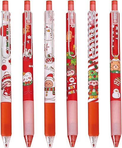 MOZXIRZ 6 bolígrafos de tinta de gel, bonitos bolígrafos de Navidad de 0.020 in, bolígrafos retráctiles de tinta negra, bolígrafos de oficina y