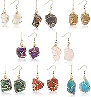 Sureio 8 Pairs Handmade Natural Crystal Drop Earrings for Women - Raw Amethyst Healing Stones Dangling Earrings Set
