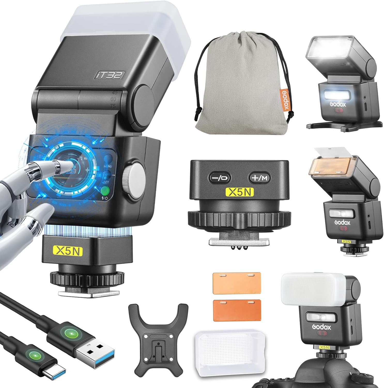 Godox IT32 N TTL Flash for Nikon with X5N Trigger,Magnetic Hotshoe & Trigger 2-in-1,2.4G HSS 1/8000s Colorful Touchscreen,GN18 Rotatable Flash Head with LED Modeling Lamp for Nikon Camera