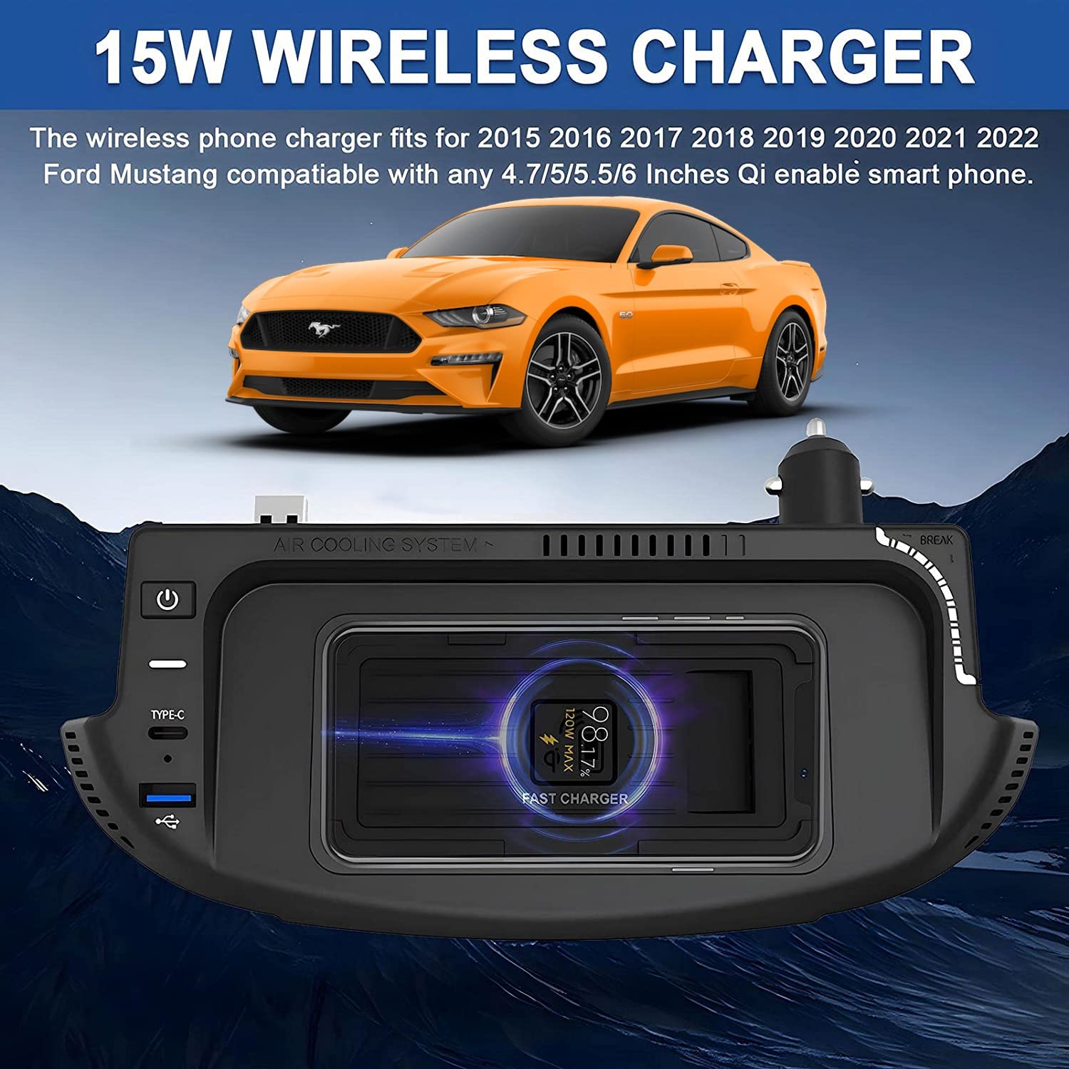 Caricatore Wireless Auto per Ford Mustang Coupe Convertible GT Shelby 2015-2023 Tutti i Modelli, 15W Qi Wireless Rapida Ricarica Telefono Pad con USB QC3.0 per iPhone 12/13 Samsung S22/S21
