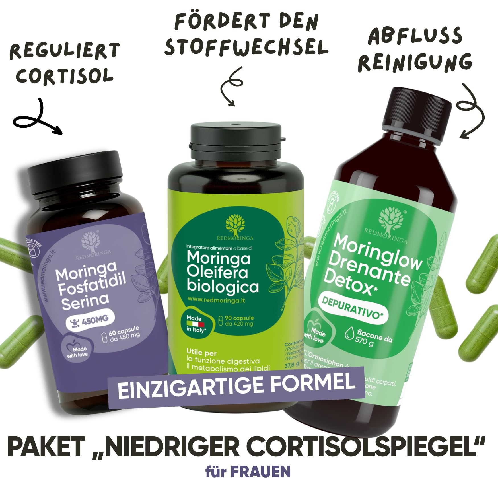 RedMoringa Cortisol Senken Frauen 3in1 150 Vegane Kapseln + 500ml