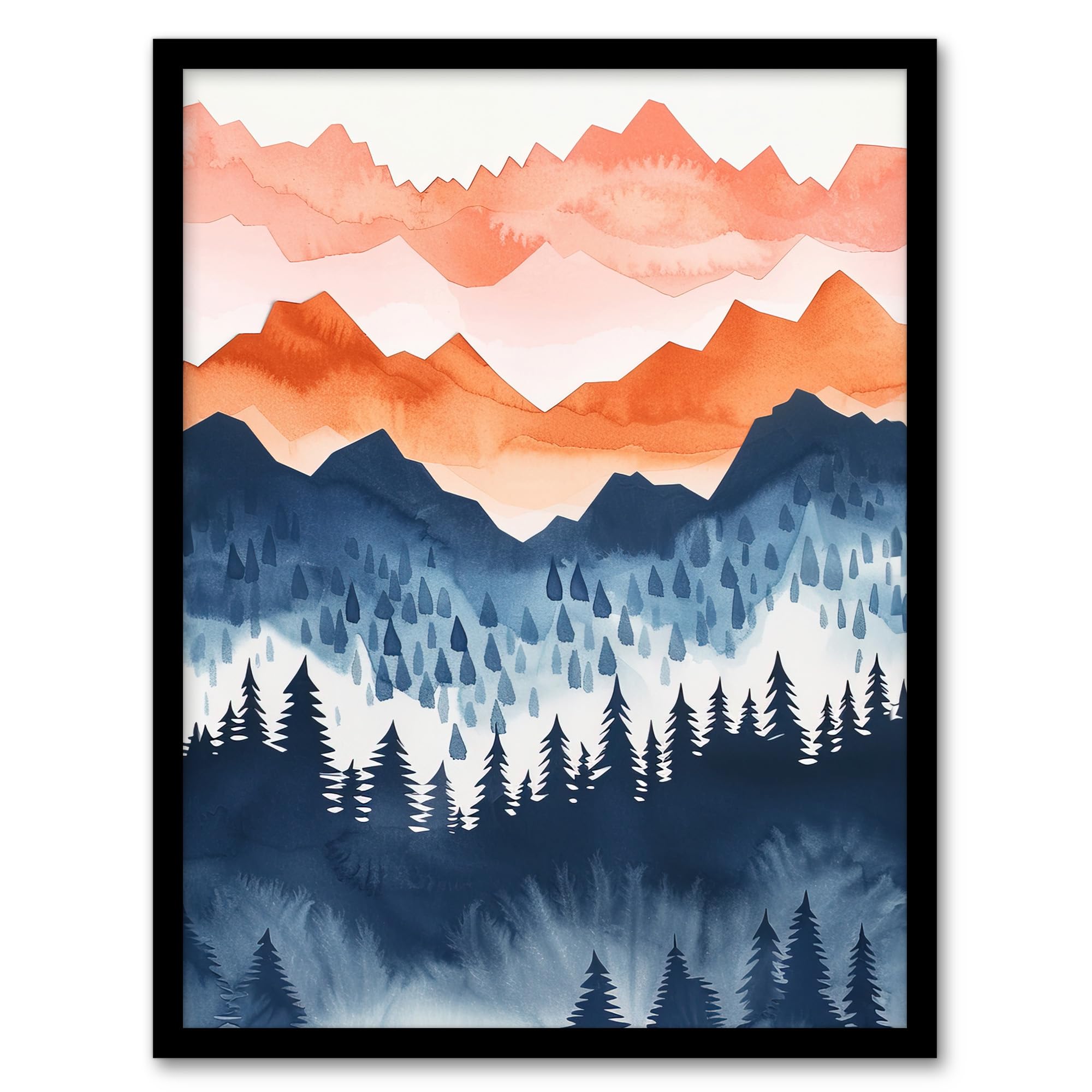 Misty Patagonia Forest Framed Wall Art - Orange Blue Watercolour - A4 Size - Artery8