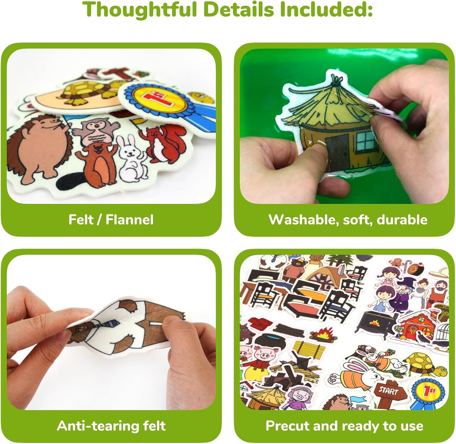 CHEFAN Felt/Flannel Board Story Set of 4, PRECUT Felt Pieces for Preschool Toddlers, Three Little Pigs|Goldilocks and Three Bears|Hansel and Gretel|The Hare and Tortoise