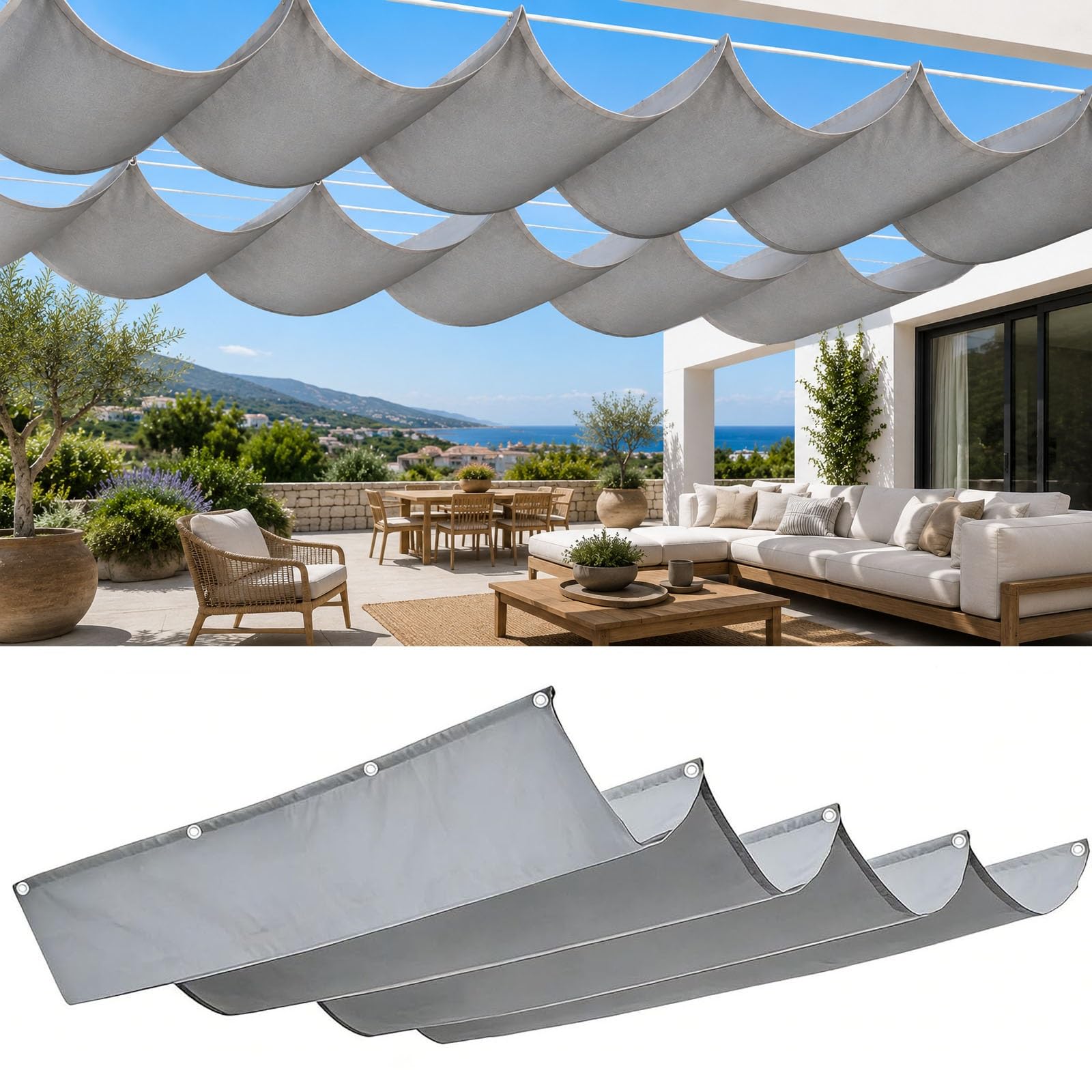Einziehbare Welle Sonnensegel 260 x 290 cm 98% Uv-Schutz Reißfest Wetterfest Rechteckig Winterfest mit Ösen Verstellbar Welle Markisenstoff für Balkon Terrasse Garten, Hellgrau