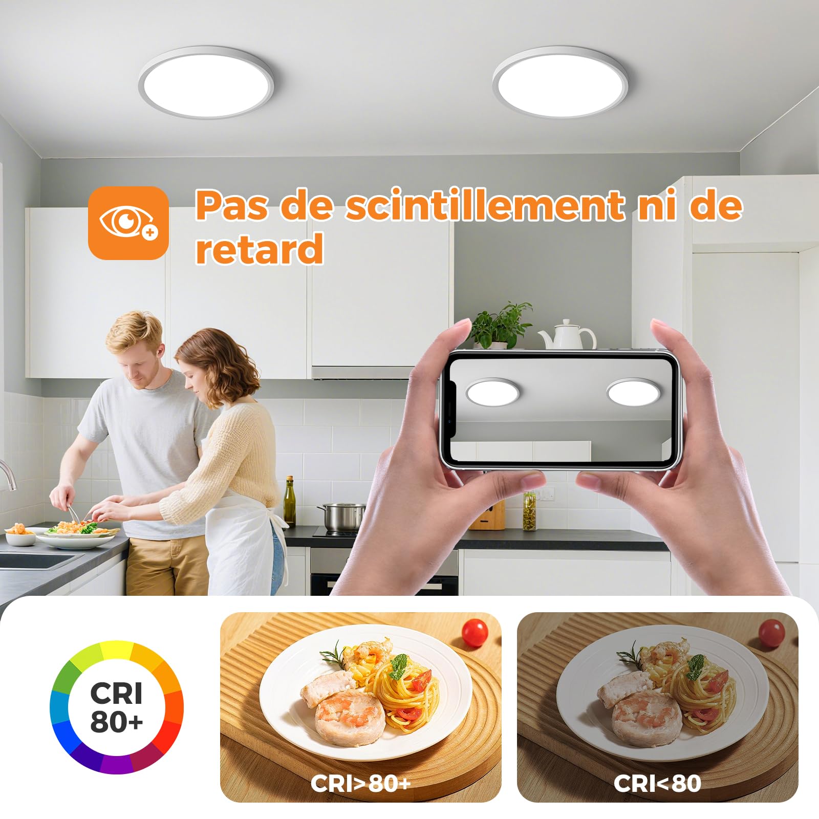 Plafonnier LED 22cm, Lampe de Plafond 18W 2400LM, 2700K-6500K 5 Températures de Couleur, Luminaire Plafond Rond Moderne, Éclairage Intérieur pour Chambre Cuisine Salon Couloir Bureau Entrée