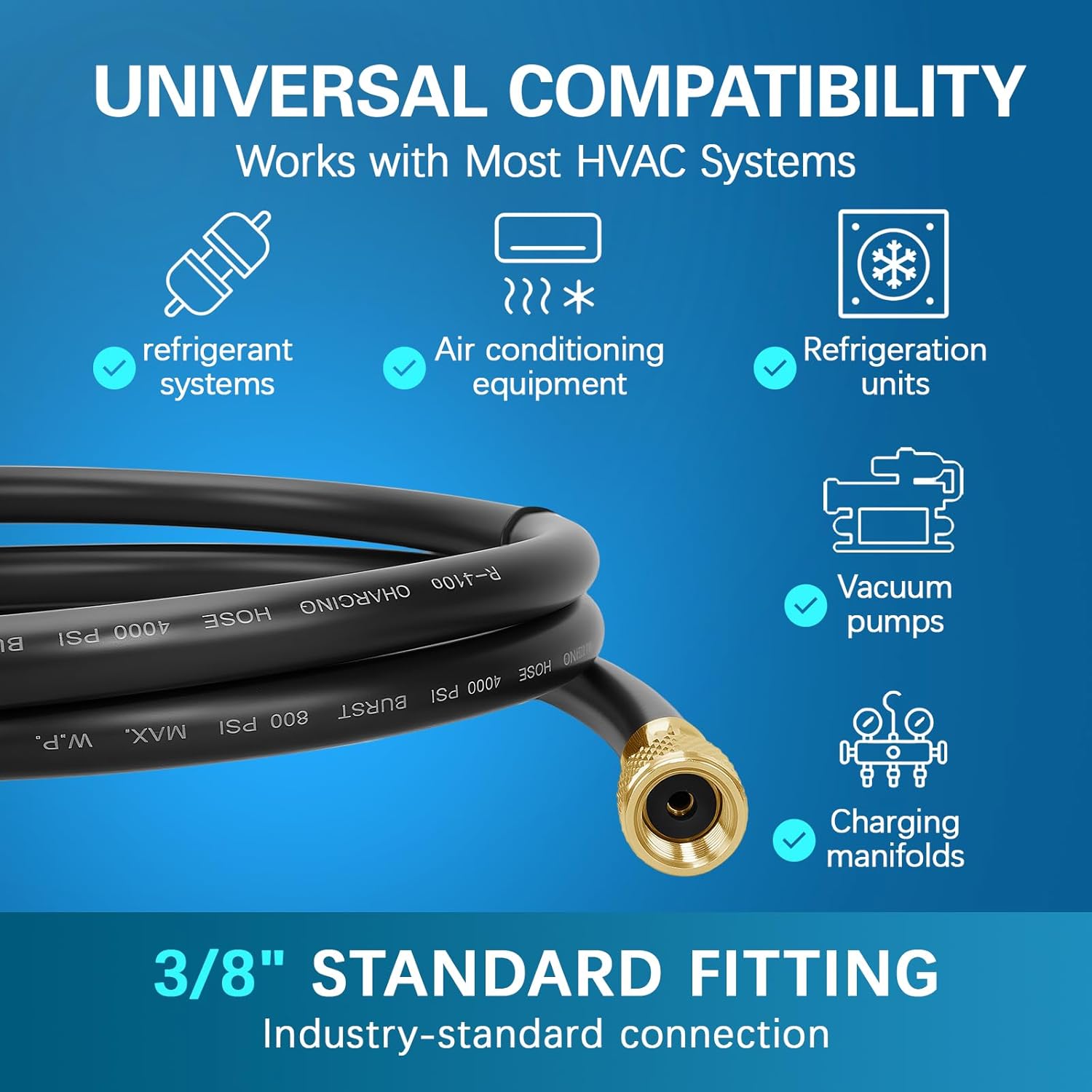 2026 Upgraded HV1-3/8" HVAC Vacuum Hose,Standard 3/8"×3/8" Flare Fittings,6 Ft,Working Pressure:800 (Psi),Burst Pressure:4000 (Psi),Refrigerant Charging Hose,Faster HVAC Evacuation and Recovery,Black