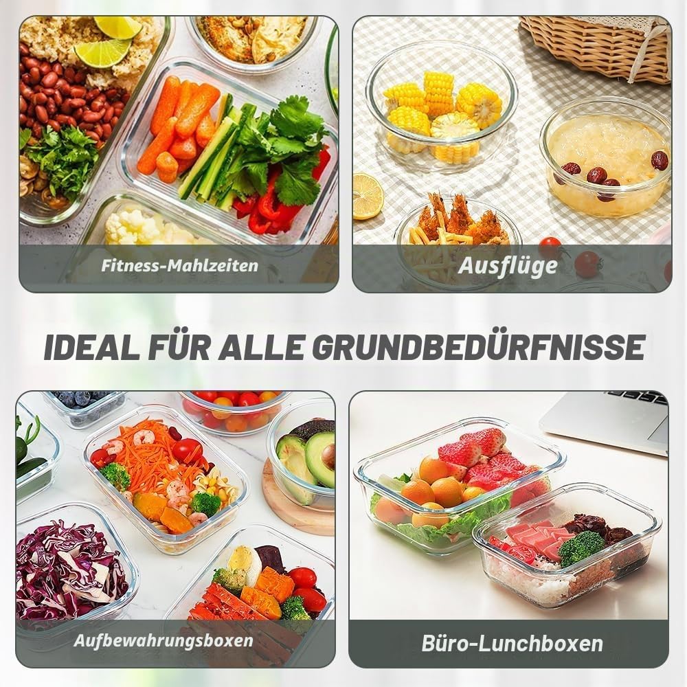 VERONES 12 Stück Glas Crisper Seet, Luftdichte Glas-Lunchboxen, Stapelbar Mit Deckel, Gefrier- und Spülmaschinenfest, Grau