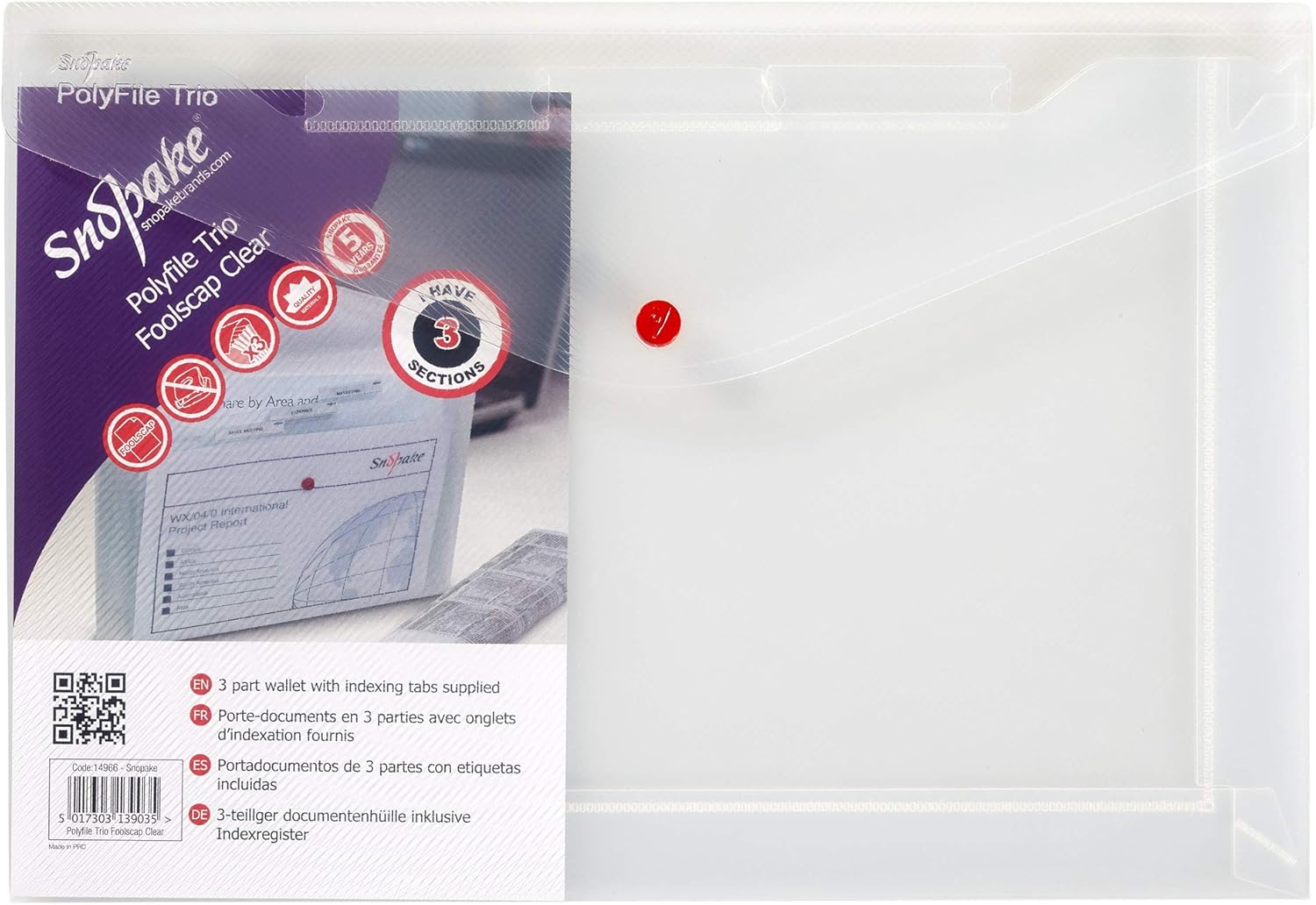 Snopake 14966 Polyfile Trio Foolscap 3 Pocket Popper Wallet File with Press Stud and Tabs - Classic Clear (Pack of 5)