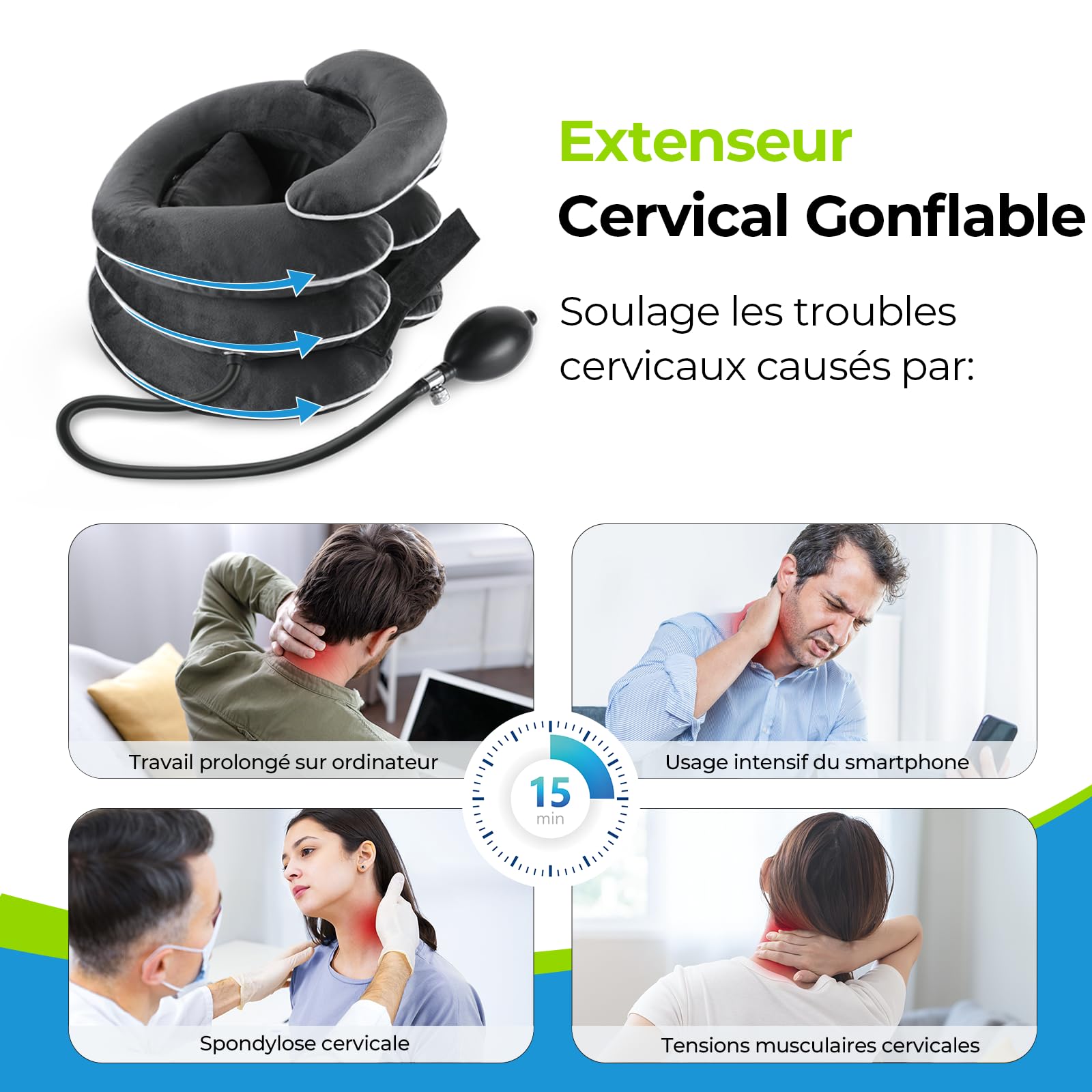 AUVON Coussin de nuque gonflable pour traction cervicale avec design d'étirement à 3 couches et design de soutien du menton, coussin de nuque pour soulager la douleur, soutien du cou pour les
