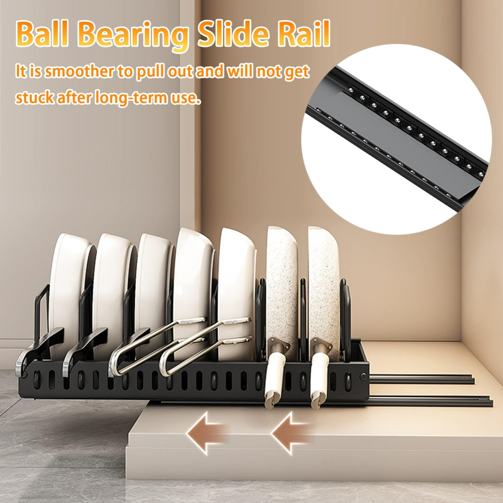 Scolapiatti,Organizer per pentole e padelle sottopensile,portacoperchi Estraibile Profondo 20,5" con Guide adesive,Contenitore pentole,teglie,Piatti,9 divisori Regolabili(Bianco)