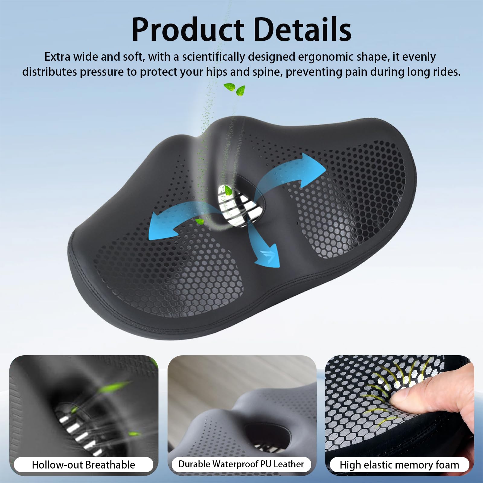 BRGD Negro Sillín de Bicicleta de Gran Tamaño, Asiento de Bicicleta Acolchado con Funda Protectora para Bicicletas de Montaña, Urbanas, Eléctricas y Estáticas