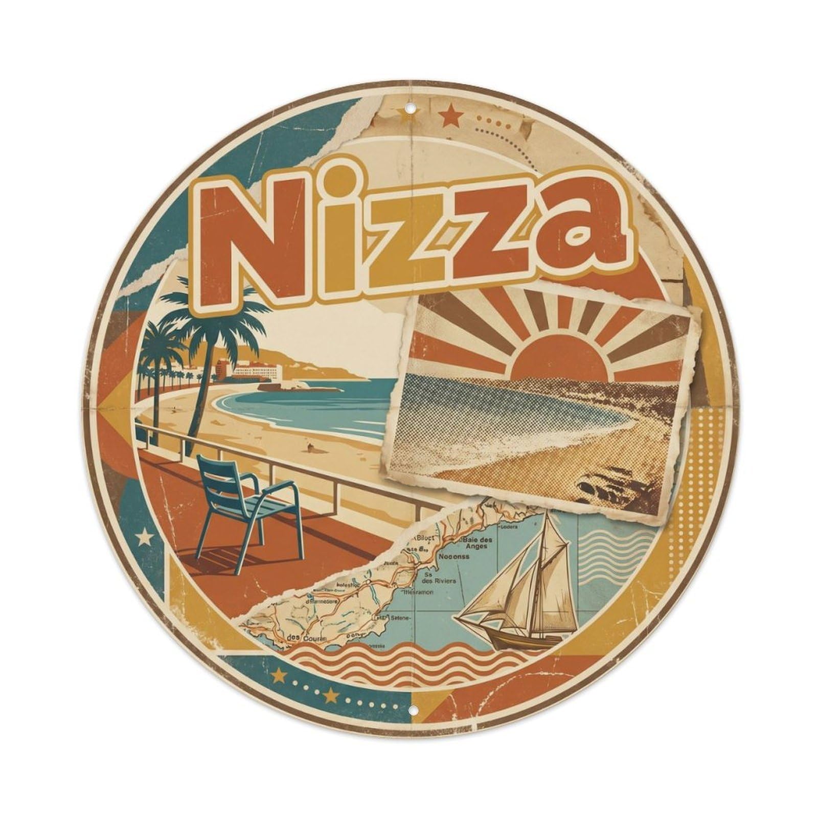 Nizza French Riviera Mixed Modern Beach Travel Collage Metal Tin Sign Plaque Wall Decor for Cafe, Man Cave, Club Bar, Office, Home Garden Round Metal Poster 8x8Inch
