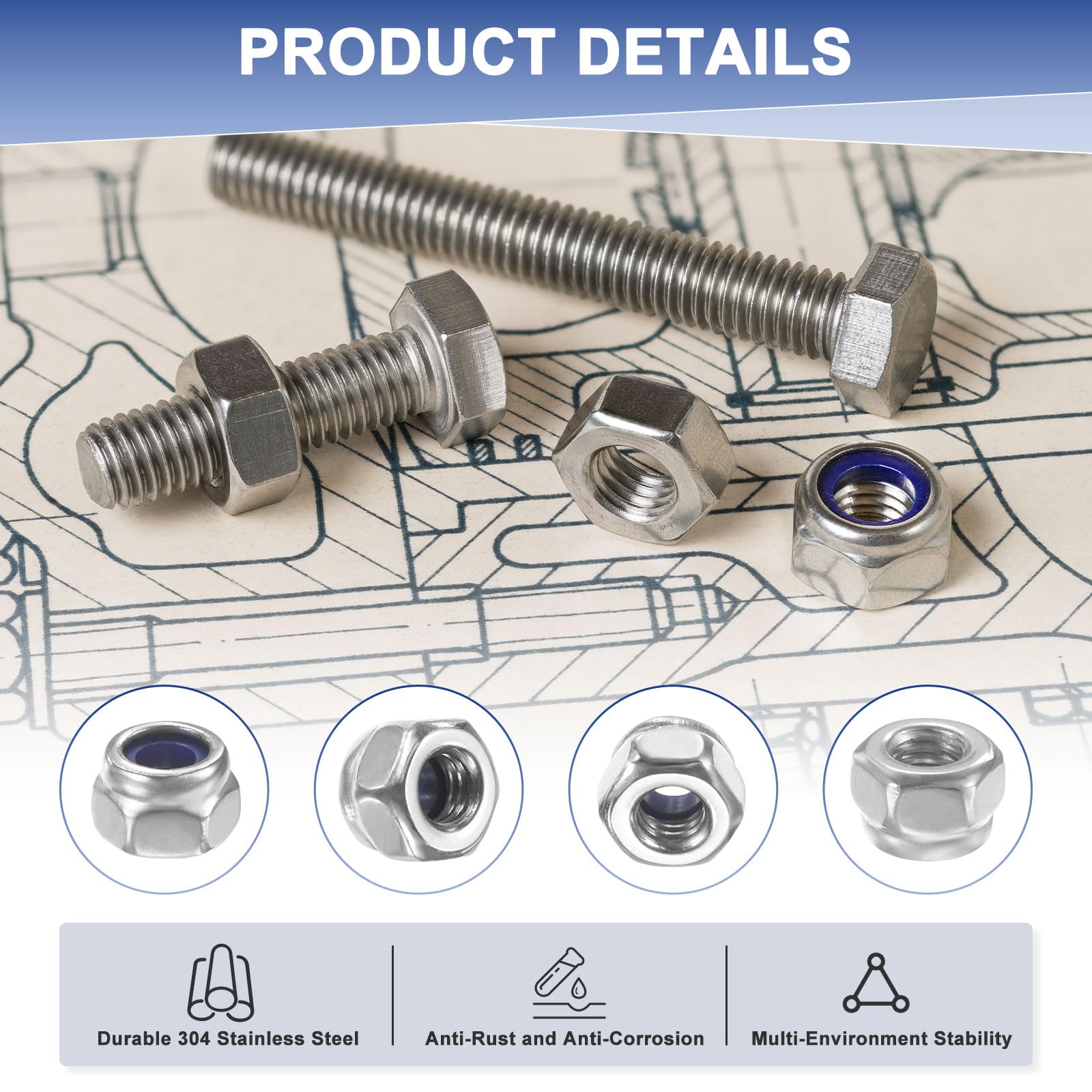 M METERXITY 100-Pack Nylon Insert Hex Lock Nuts - Image 2