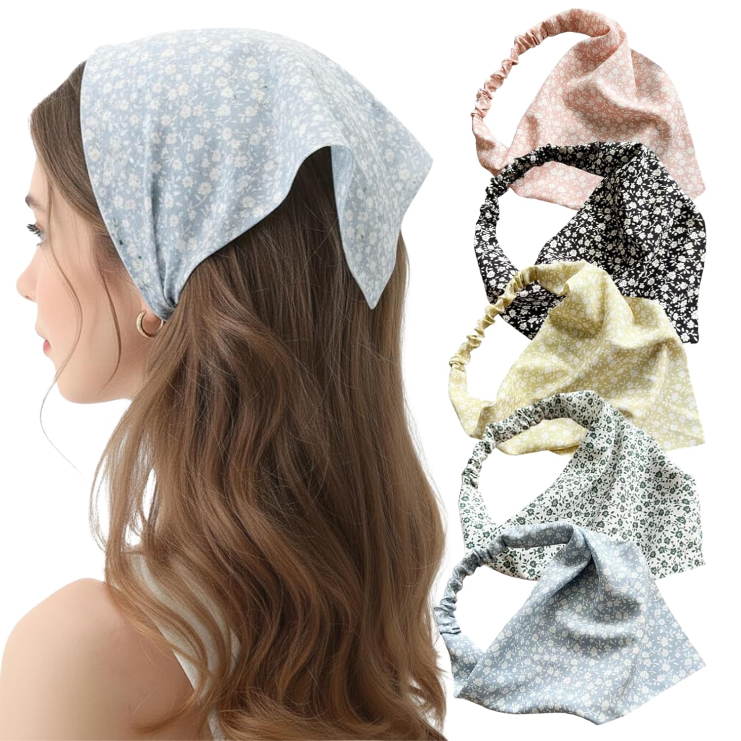 BendJoy® 5Pcs Women's Bandana Head Scarf Set, Daisy Print Elastic Hair Scarf | Soft Stretchy Headbands for Women, Multipurpose Fashion Accessories-image-45