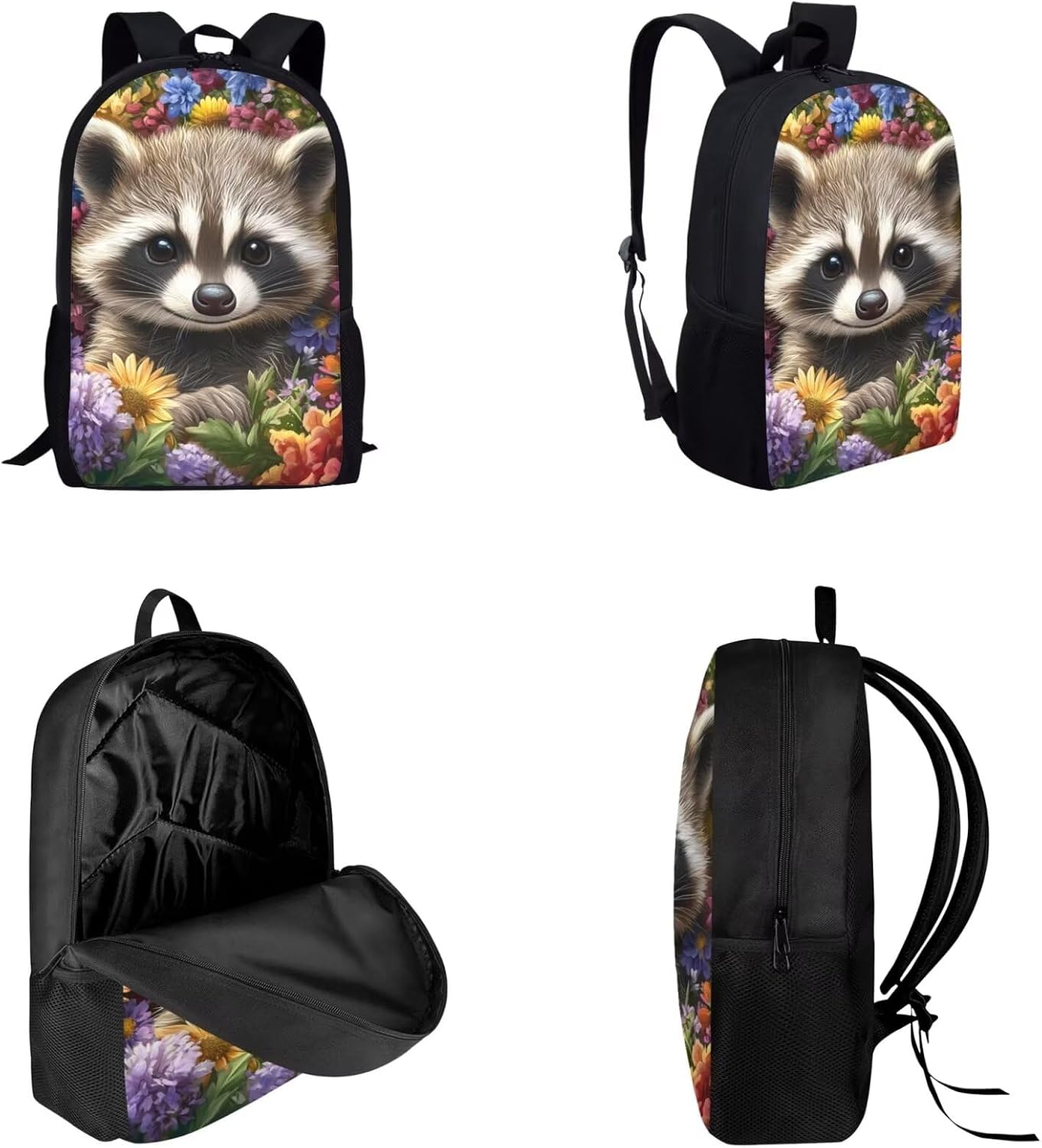 Cute Raccoon Kids Bookbag with Lunch Box Girls 4-6 Adjustable Strap Backpack for School Kids Girls Large Capacity School Bag Set for Preschool Kindergarten Casual Travel Backpacks for Travel