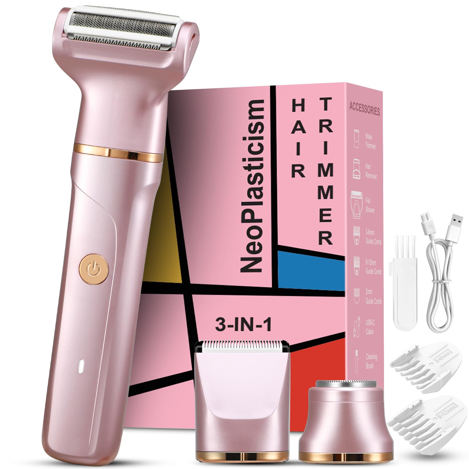 Rasoio da donna, 3 in 1, rasoio intimo da donna, depilatore per il viso da donna, rasoio elettrico da donna, per gambe, braccia e zona bikini, ricaricabile IPx7, impermeabile, trimmer da donna, oro