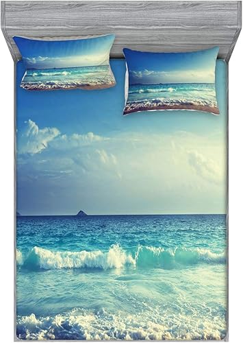 Miniatura 1 de Ambesonne Juego de sábanas bajeras y fundas de almohada, diseño de playa tropical Paradise Beach at Sunset Time Waves and The Misty Sea Image, juego