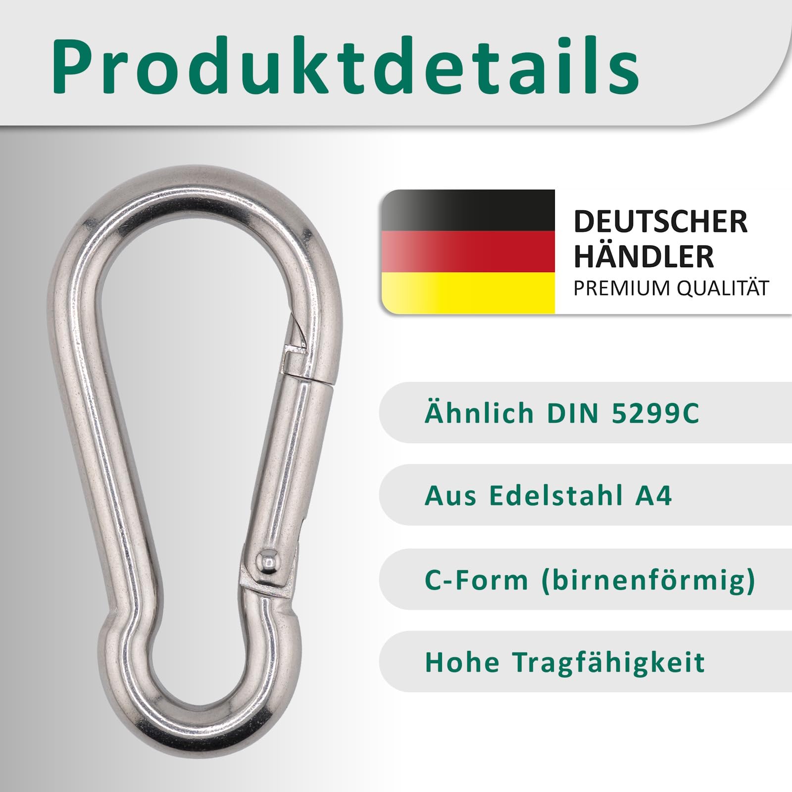 DSM - Moschettone con gancio a molla, antiruggine, 10 x 100 mm, in acciaio inox A4, simile a DIN 5299C, a forma di pera, portata fino a 870 kg, per campeggio, portachiavi, escursionismo, outdoor, 15