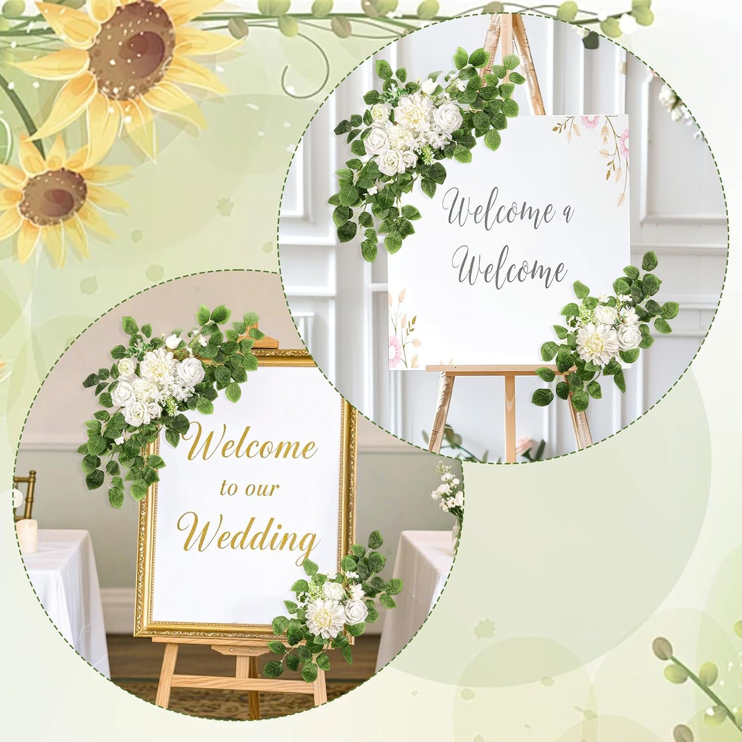 2PCS Wedding Arch Artificial Flowers, 27.5, 19.6 Inch Weddings Flowers Decorations Artificial Weddings Arch Floral Swag Welcome Signs for Bridal Shower, Baby Shower, Photo Backdrop(White)