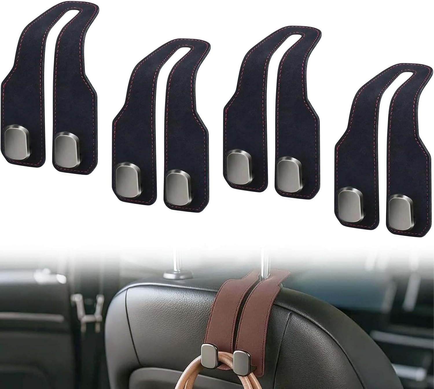 2026 New Headrest Hooks for Car, Car Seat Back Storage Hook, Leather Seat Back Storage Hook Organizer, Twin Hook Design Heavy Duty Holder for Purse, Bags, Handbag, Grocery, Umbrella (4, Black)