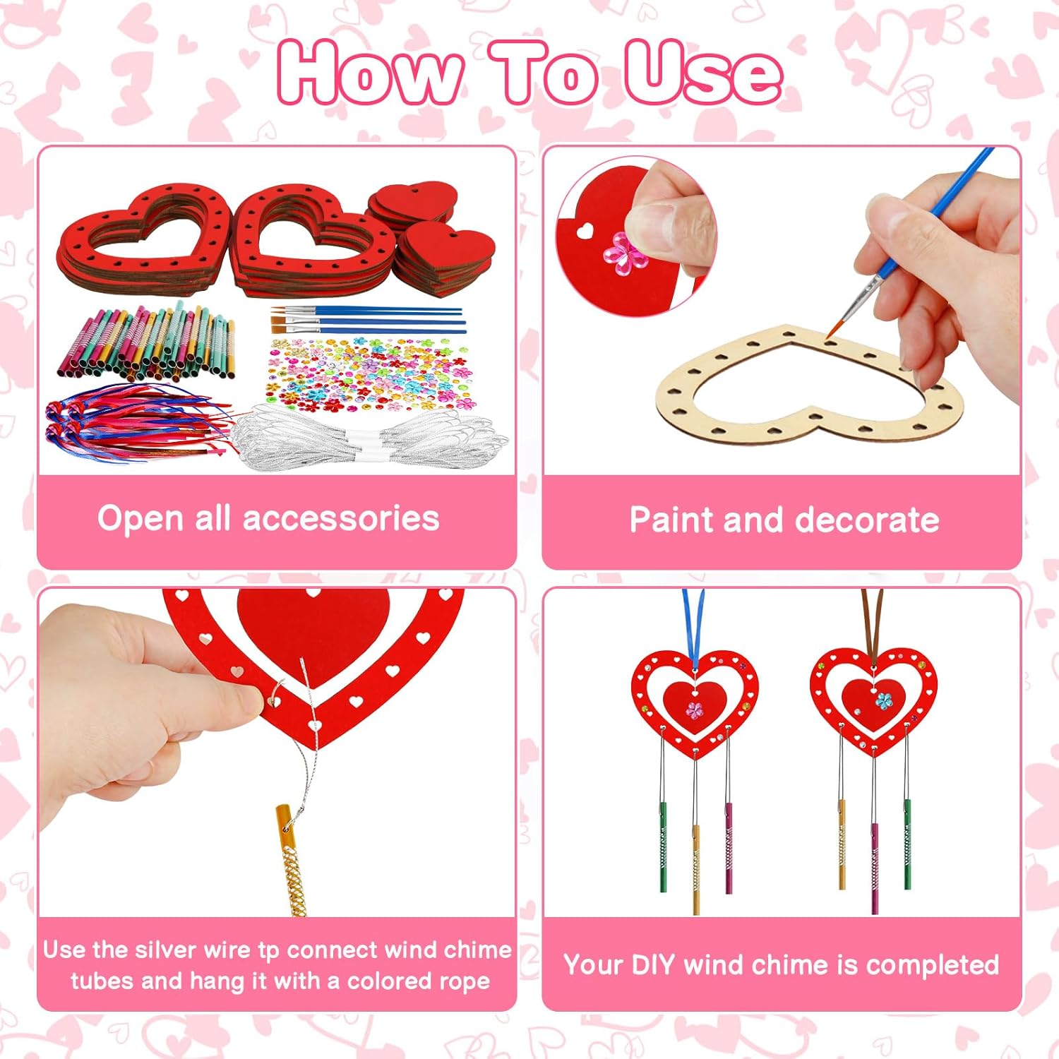 Fennoral 27 Pack Heart Wind Chime Kit for Kids Make You Own Red Heart Valentine's Day Craft DIY Coloring Wooden Ornaments for Kids Art and Craft Valentine's Day Gifts Party Decoration