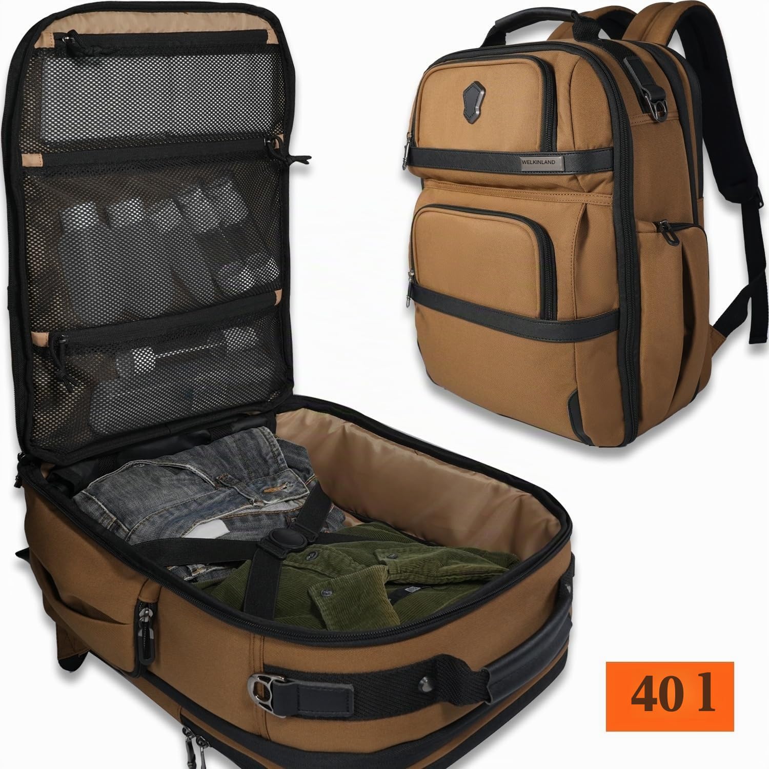 WELKINLAND Reiserucksack mit 20 Taschen, Handgepäck-Rucksäcke, 40,6 cm (16 Zoll) Laptop-Rucksack für Herren, erweiterbarer Rucksack mit Trolleyhülle, Reiserucksack mit Schuhfach