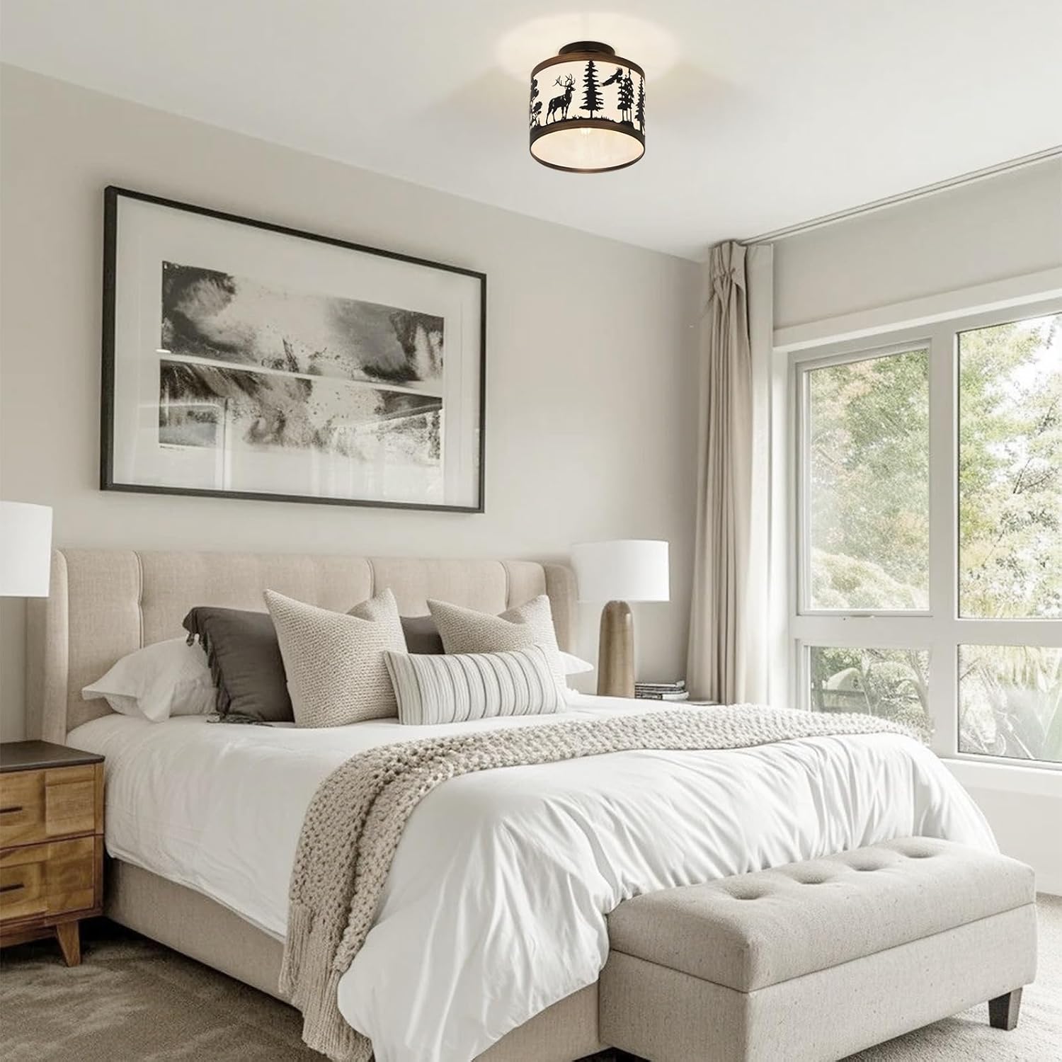 Rustic Farmhouse Semi-Flush Mount Ceiling Light with Shade, Deer & Bear Cabin Metal Fixture for Living Room, Bedroom, Hallway or Entryway, 9.5" E26 Base (Bulb Not Included)