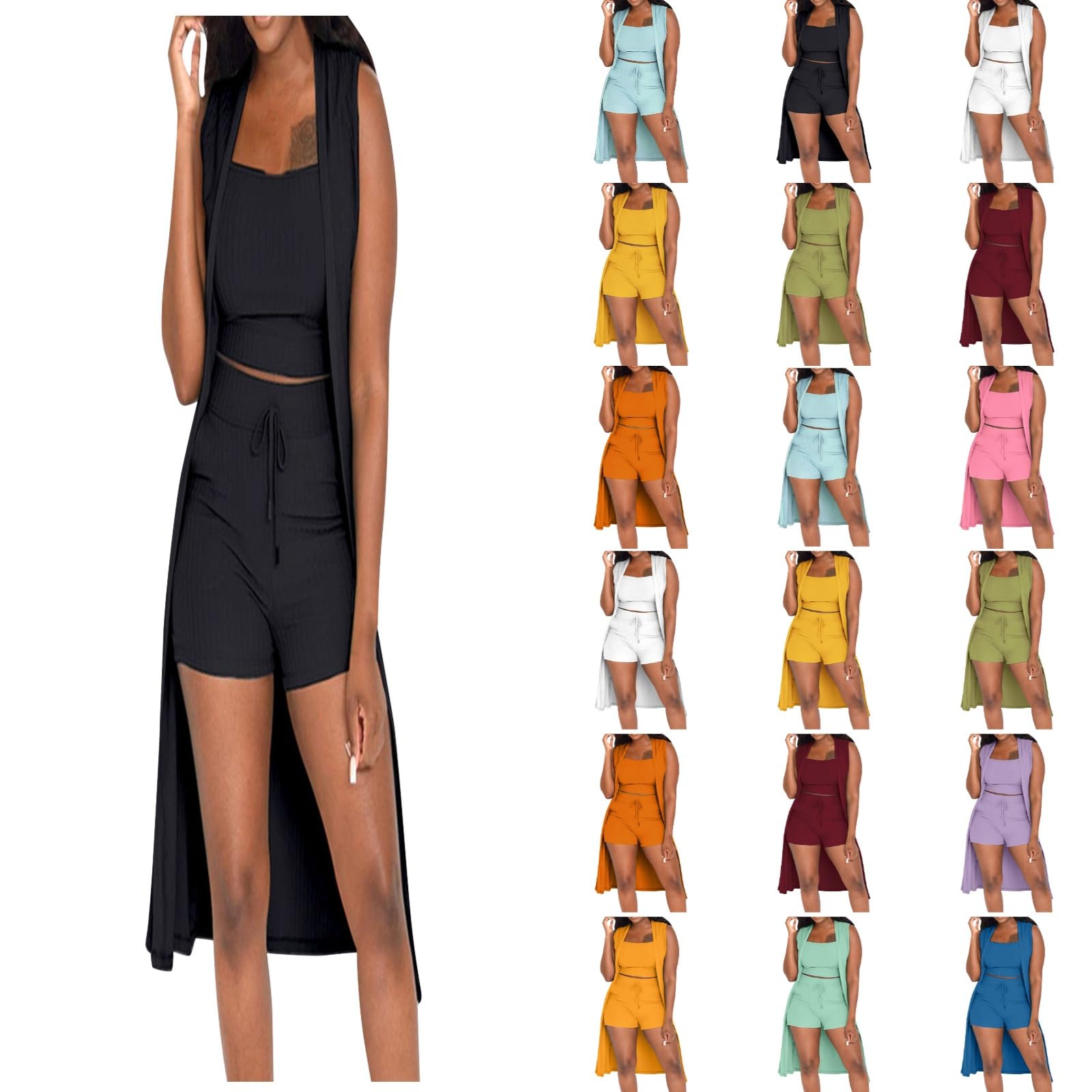 3 Piece Travel Outfits for Women Summer Sleeveless Long Cardigan Tank Tops Bodycon Shorts Sets Sweatsuit Lounge Set