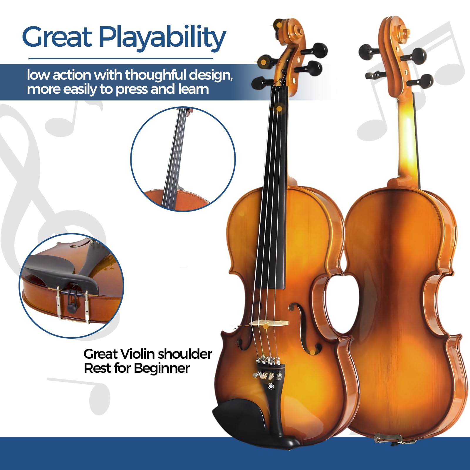 CVN-500 - Violín de madera maciza de ébano 4/4 de tamaño completo para principiantes y estudiantes, kit completo de iniciación con estuche duro, arco, colofonia, apto para principiantes, configuración
