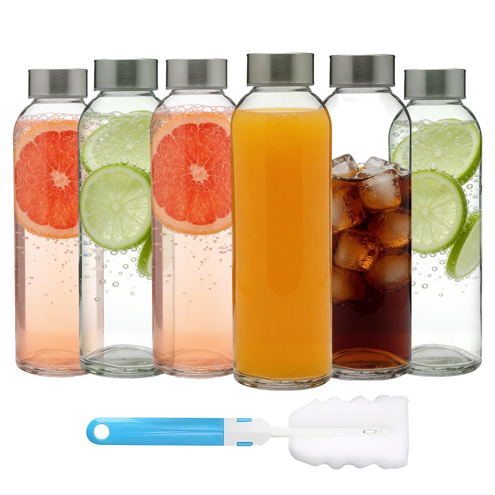 LLHONG Glass Water Bottles with Lids, Glass Juice Bottles 500ml, Leakproof Beverage Container with Stainless Steel Airtight Cap for Refrigerator, Juicing Sauce Jar Hot & Cold Drinks,with Brush (6)