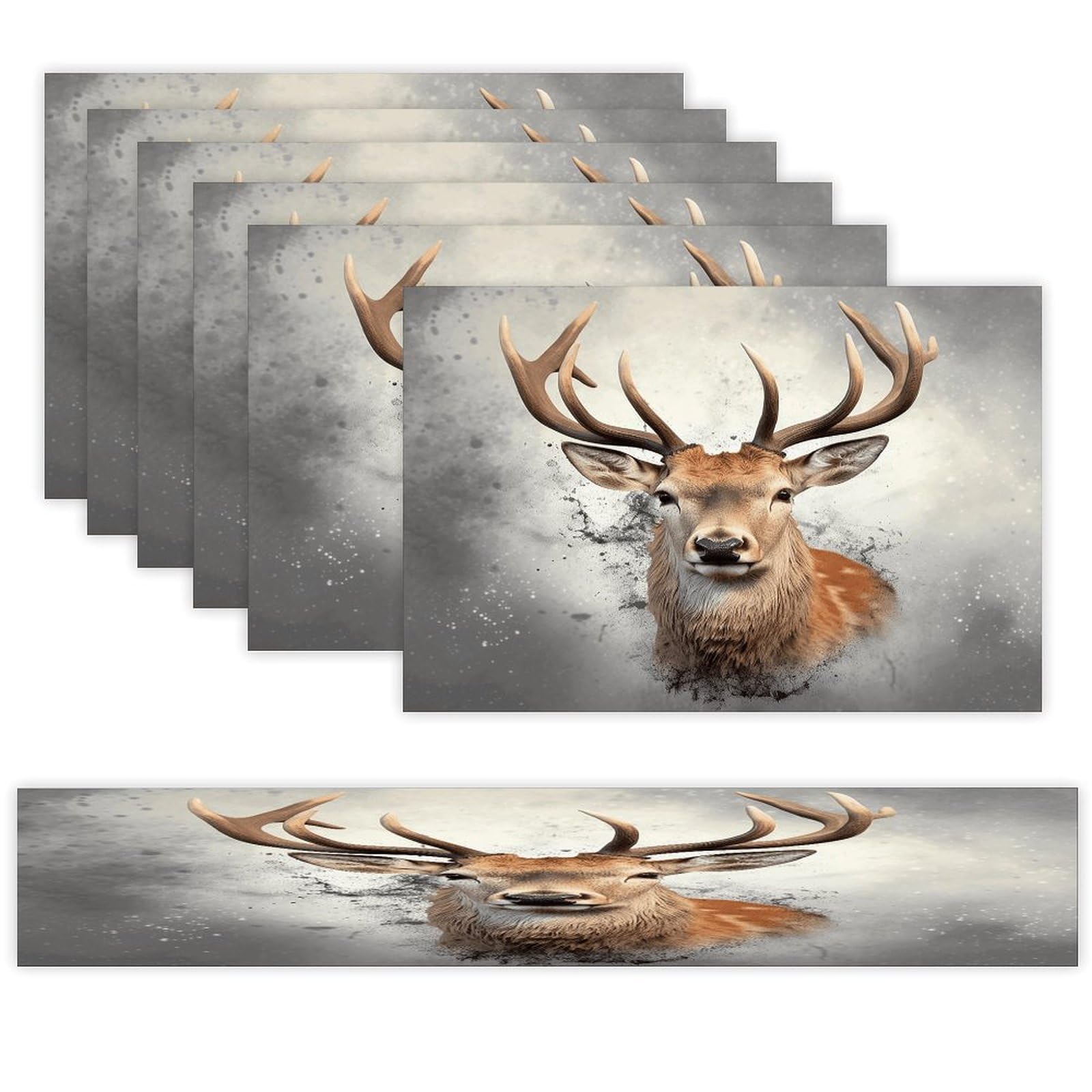 Animal Deer Table Runner and Placemats Set of 6 Wipe Clean Heat Resistant Table Mat with Table Runner Decorations Flax Linen Place Mat Set for Home Kitchen Party Supplies