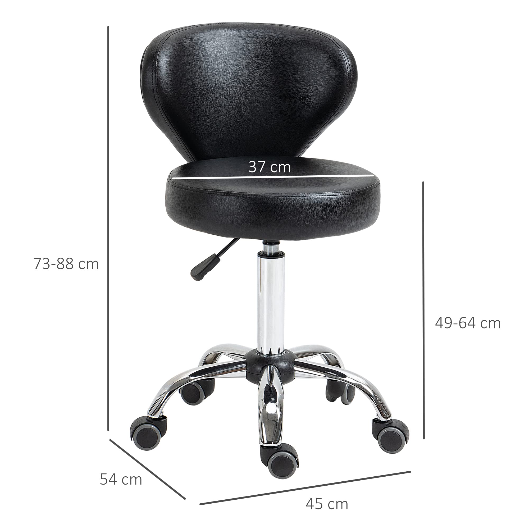 HOMCOM con Ruedas de Masaje – Taburete de Trabajo Giratorio 360° – Asiento Ajustable 49-64H cm, Respaldo ergonómico – Metal Cromado Revestimiento sintético Negro