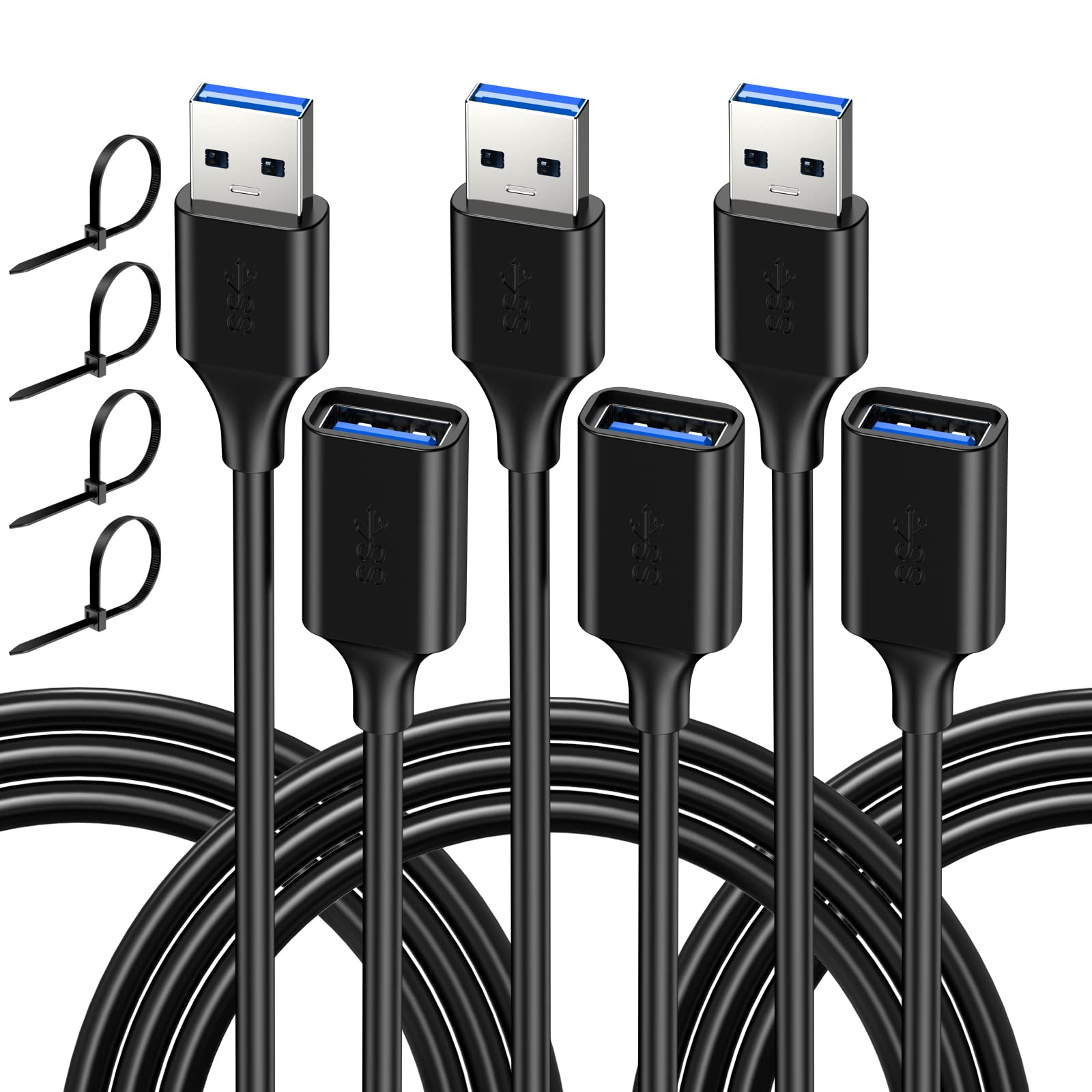 USB Extender Cord 10FT(3 Pack), USB 3.0 Extension Cable, USB A Male to Female, Compatible for USB Flash Drive, Hard Drive, Card Reader, Webcam, Printer, Keyboard, Mouse, Playstation, Xbox, VR Headset