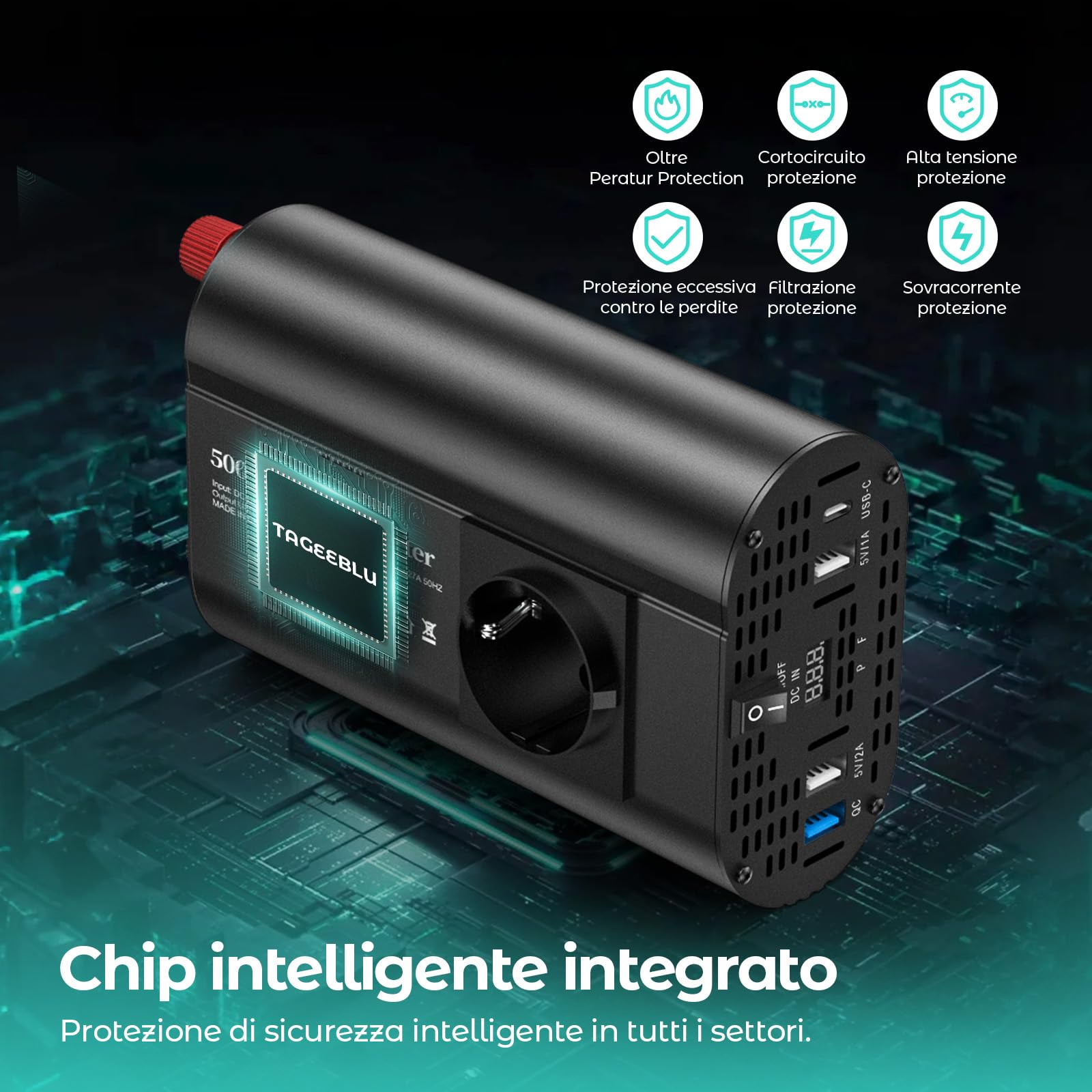 500W inverter 12v 220v, inverter auto con 1 presa, tipo C 30W, ricarica rapida USB 25W, 3 porte USB, display LED