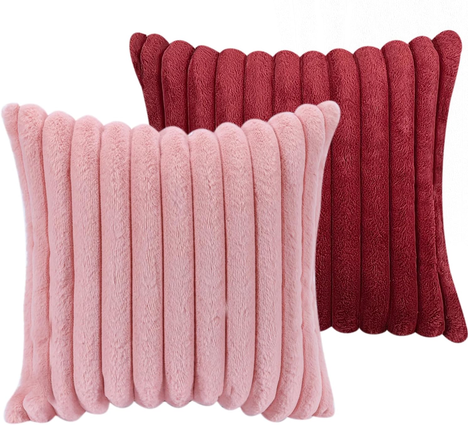 18x18 Faux Fur Throw Pillow Covers Set of 4, Soft Fluffy Pillow Cover with Velvet Back - 2 x Pink & 2 x Wine Red