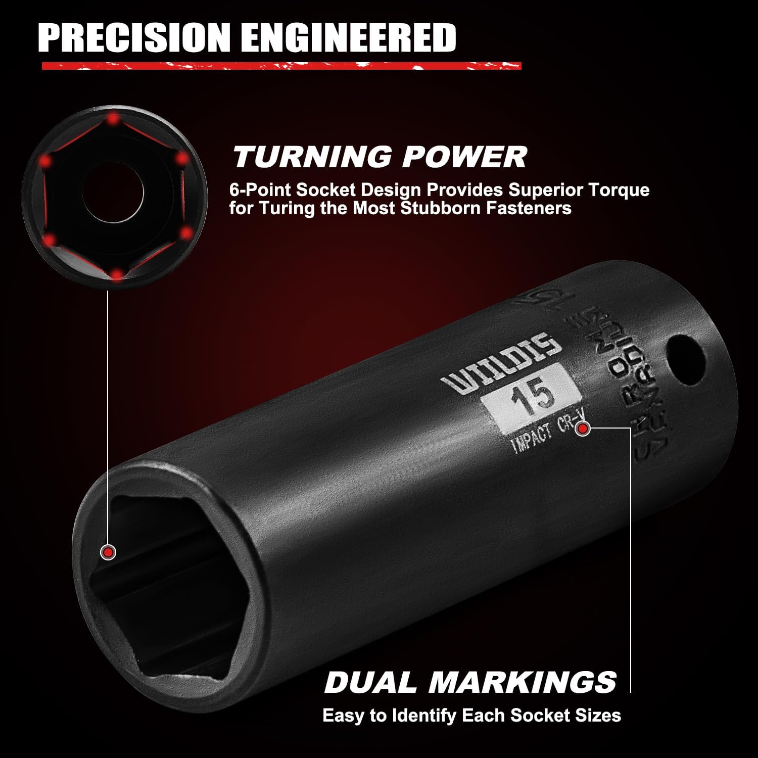 WIILDIS 21 Pieces 3/8" Drive Deep Impact Socket Set, Standard SAE (5/16"to 3/4") & Metric (7mm to 19mm), 6 Point Design, Deep, Premium Cr-V Steel