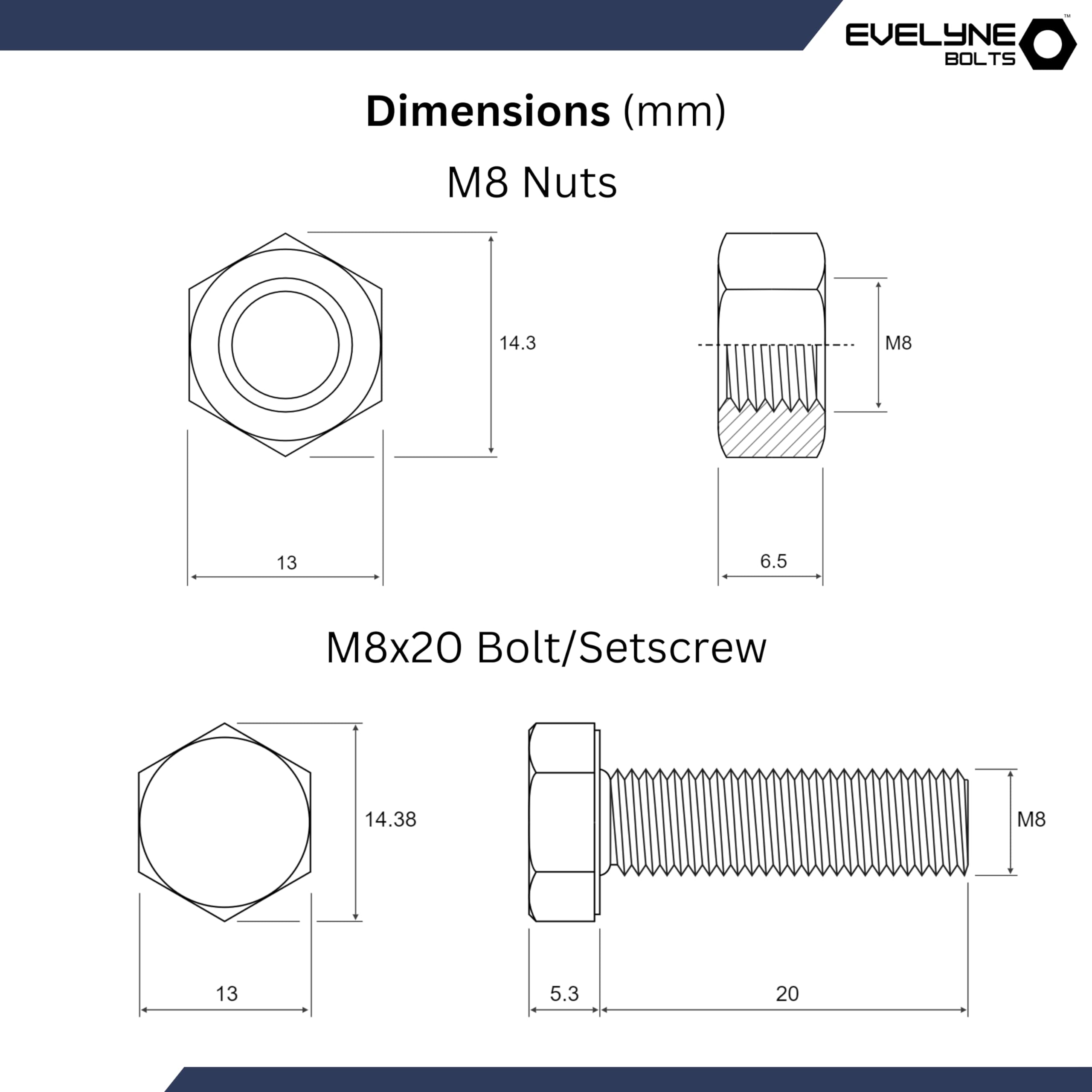 M8 Nuts & Bolt 10 Pack (M8 x 20mm Bolts & M8 Nuts) Hex Bolt/Setscrew Fully Threaded, Silver - Image 3