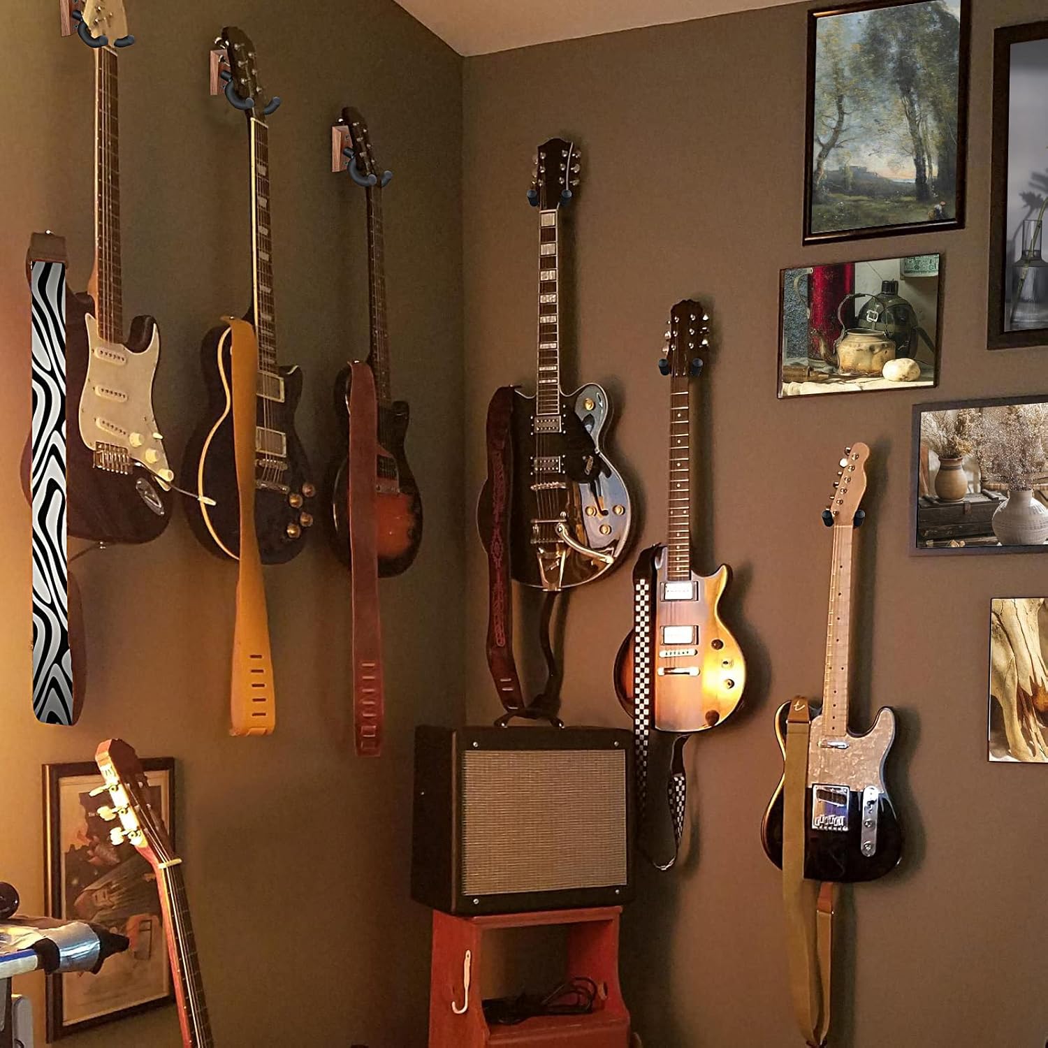 Support Guitare Mural 4 packs, Support Mural Guitare avec Crochet de Guitare Souple Réglable pour Toutes les Tailles de Guitare, Support Mural en Forme de U en bois dur pour Guitare Acoustique, Basse